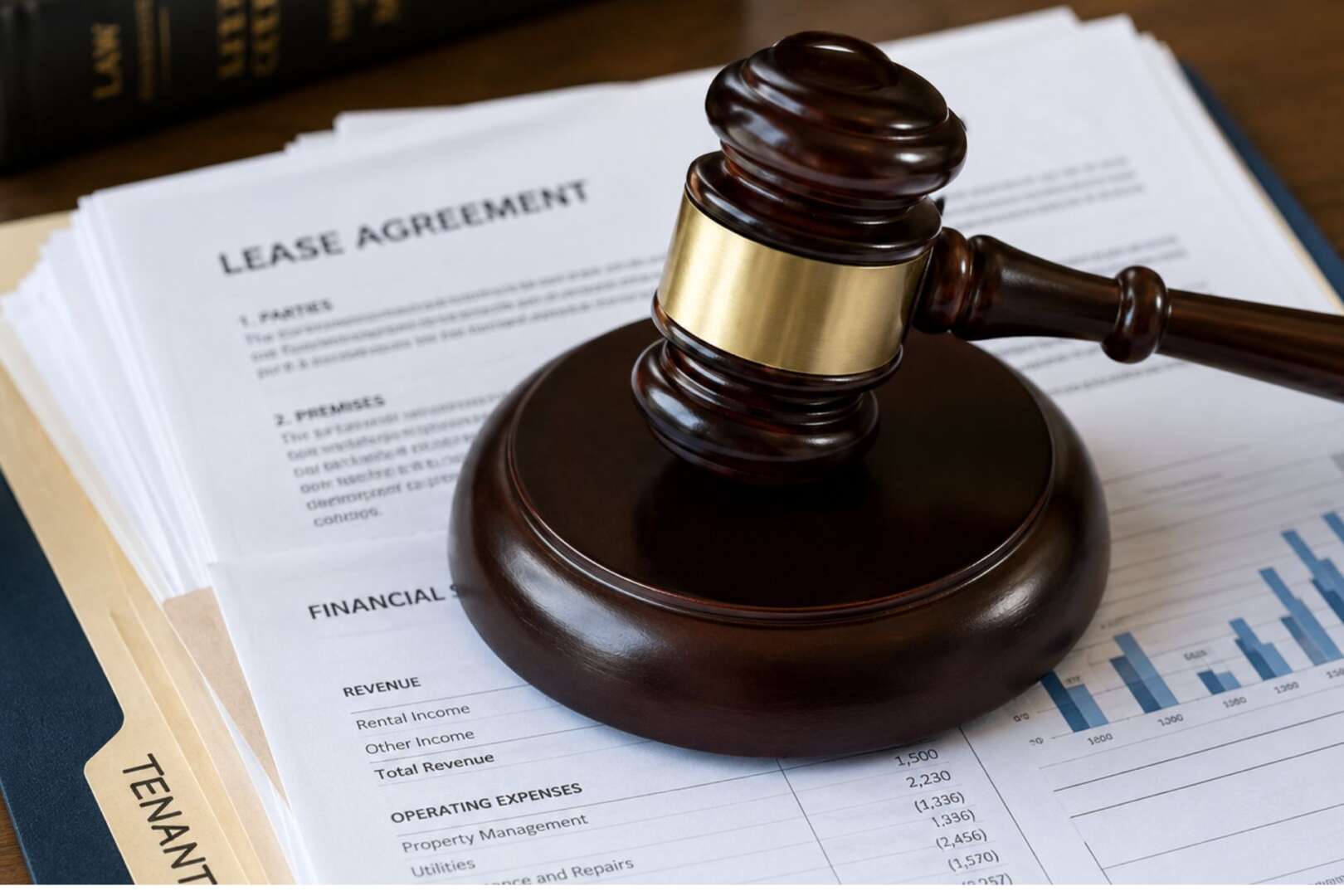 A wooden gavel resting on a lease agreement and financial documents, representing the legal sentencing of a former CMHA manager for rent theft in Cincinnati.