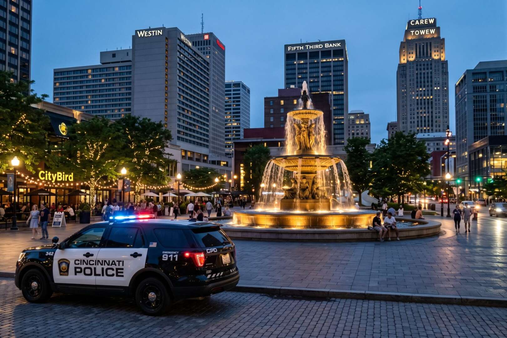 A Cincinnati Police vehicle parked at Fountain Square with flashing lights near the Tyler Davidson Fountain during the evening.