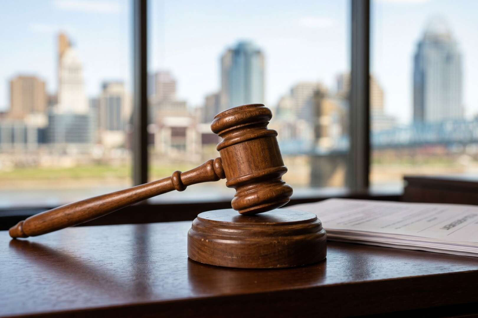 A wooden judge's gavel rests on a desk with the Cincinnati city skyline visible through a window in the background, representing the legal proceedings for the Fountain Square shooting suspect.