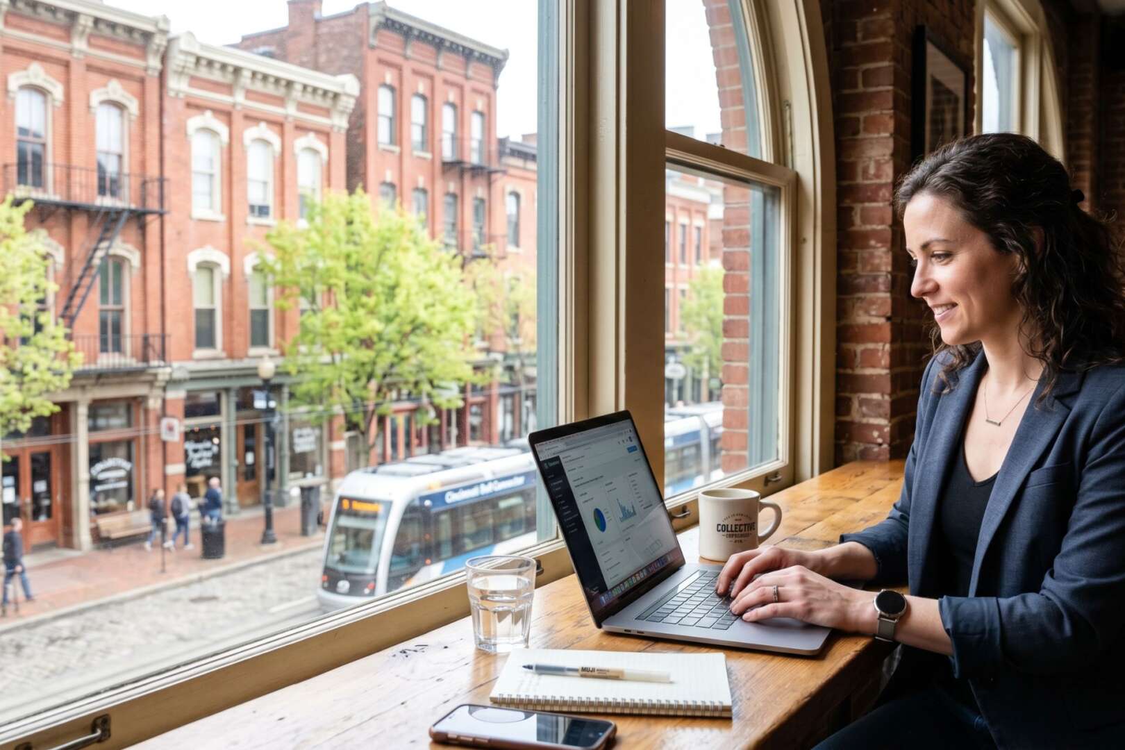 A professional woman works on a laptop by a large window overlooking a historic Cincinnati street, representing freelance jobs in Cincinnati in 2026.