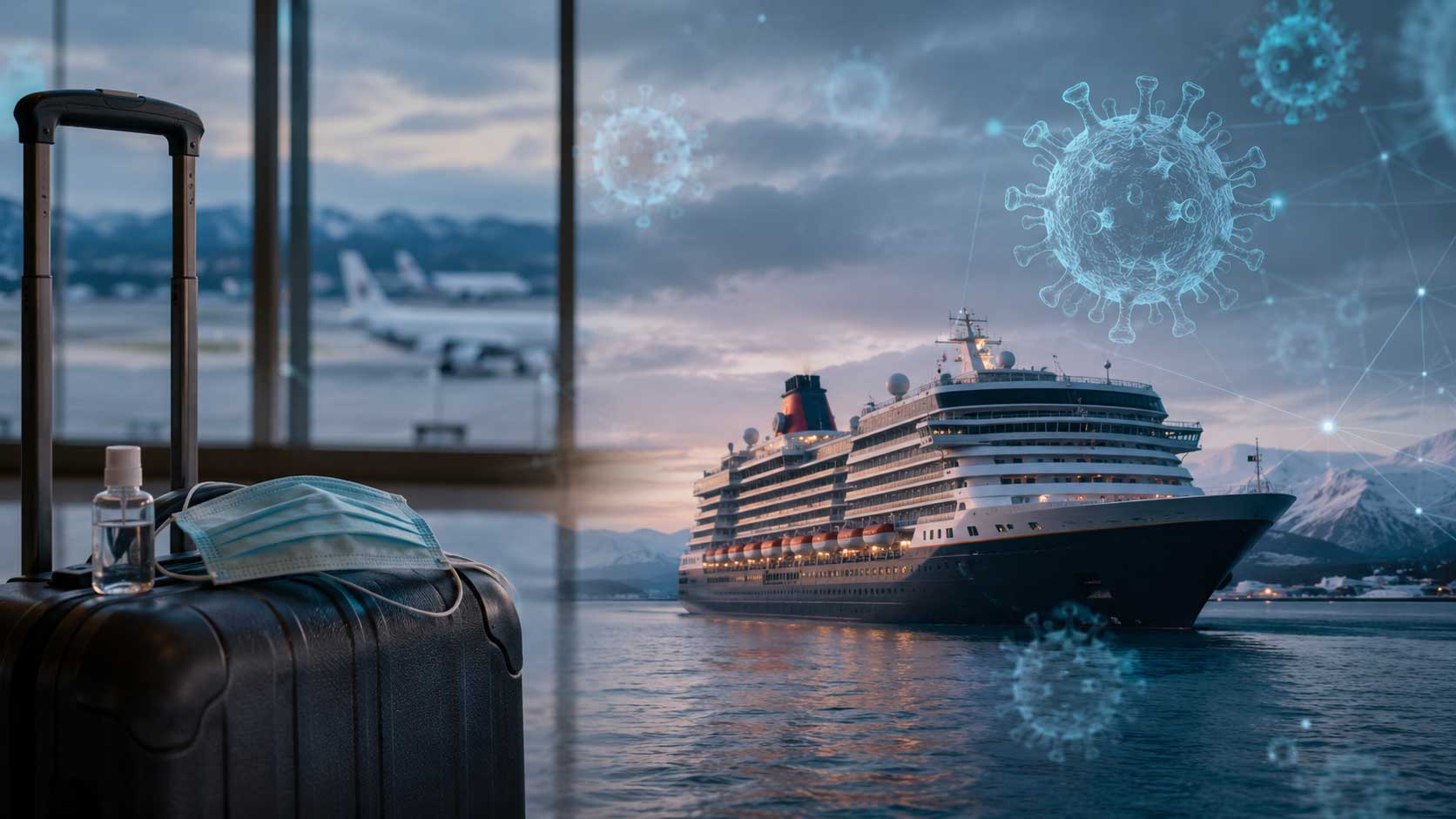 Cruise ship and airport travel imagery illustrating the hantavirus cruise ship outbreak and concerns about global disease exposure through international travel networks.