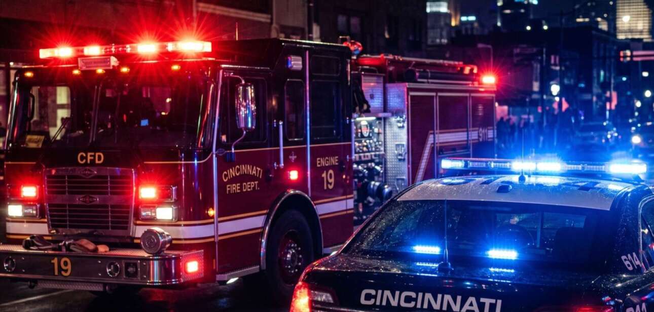 Cincinnati police car and fire truck with flashing lights at the scene of an emergency on I-71 at night.