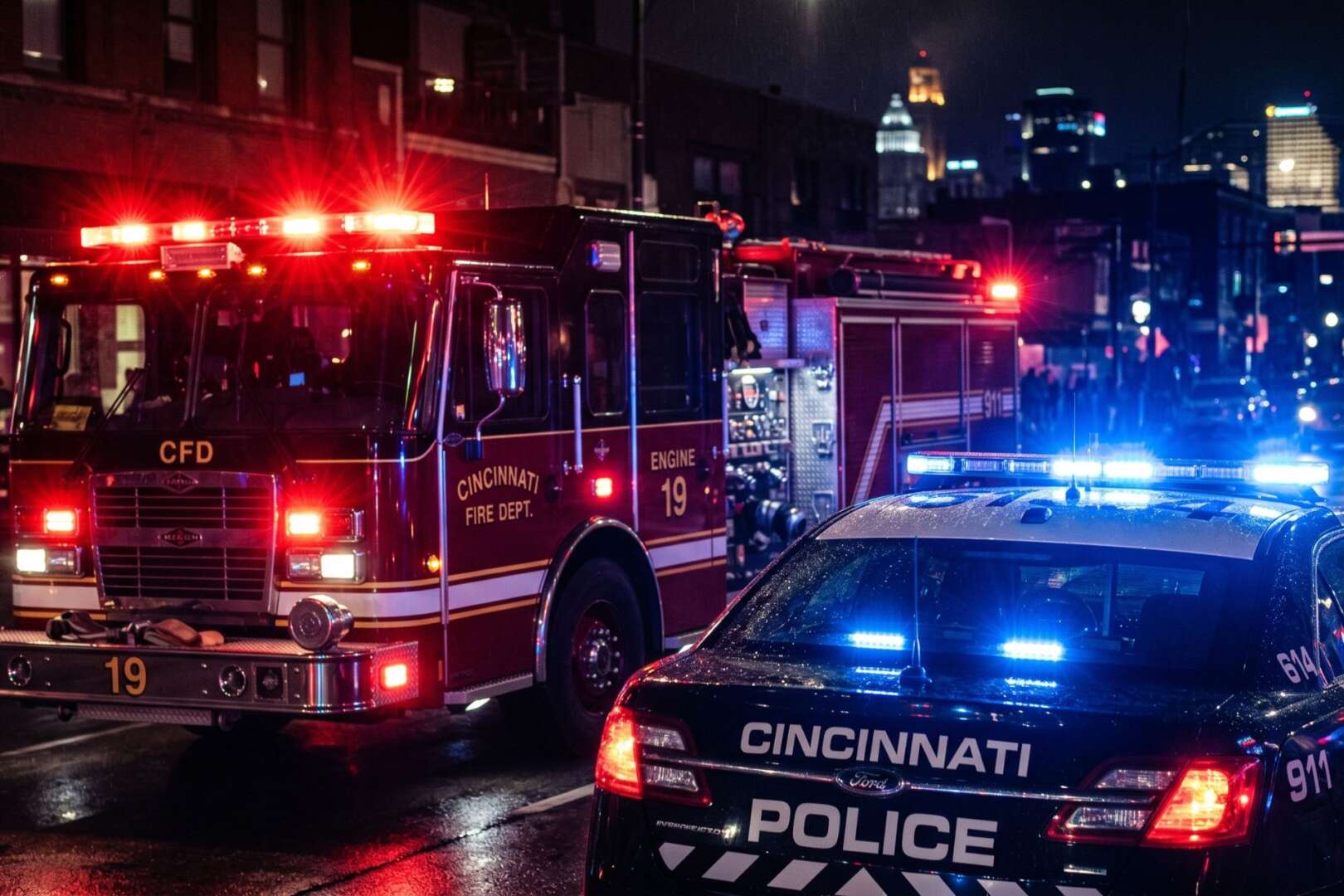 Cincinnati police car and fire truck with flashing lights at the scene of an emergency on I-71 at night.