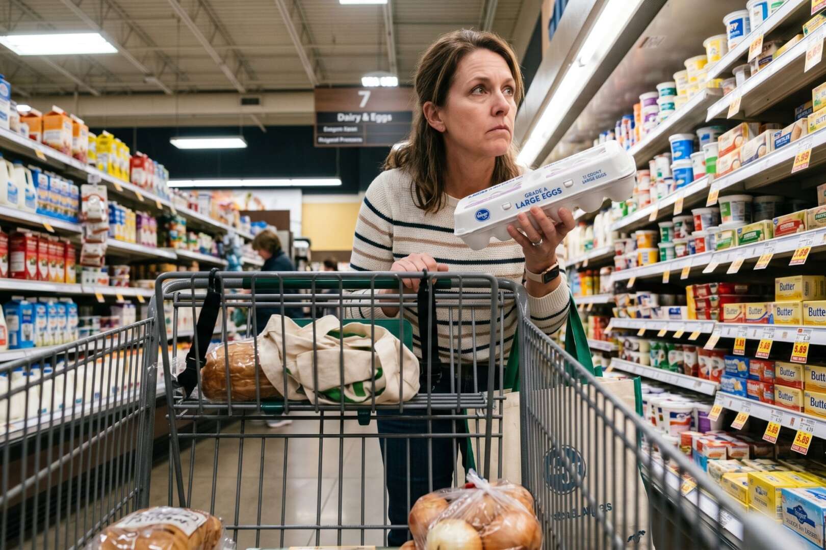 A concerned female shopper examines a grocery item while pushing a cart down a supermarket aisle, reflecting the impact of inflation on consumer prices.