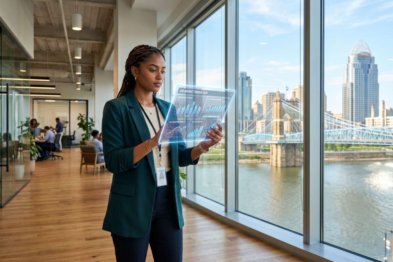 A professional woman analyzes data on a futuristic transparent tablet in a modern office overlooking the Roebling Suspension Bridge, illustrating job automation and Cincinnati workforce trends in 2026.