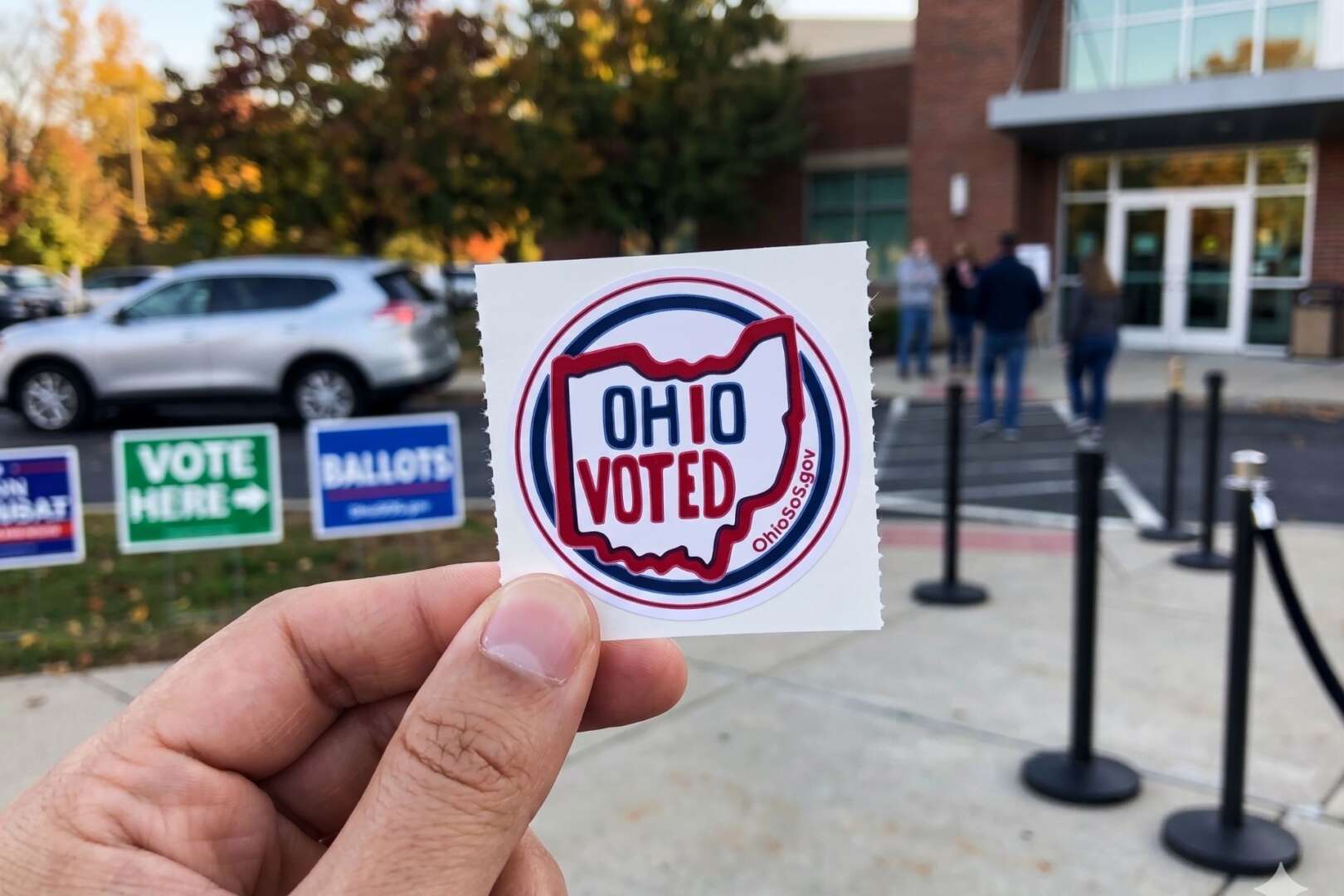 A person’s hand holding a round "Ohio Voted" sticker featuring the red outline of the state of Ohio, with a blurred polling location, voting signs, and a silver SUV in the background.