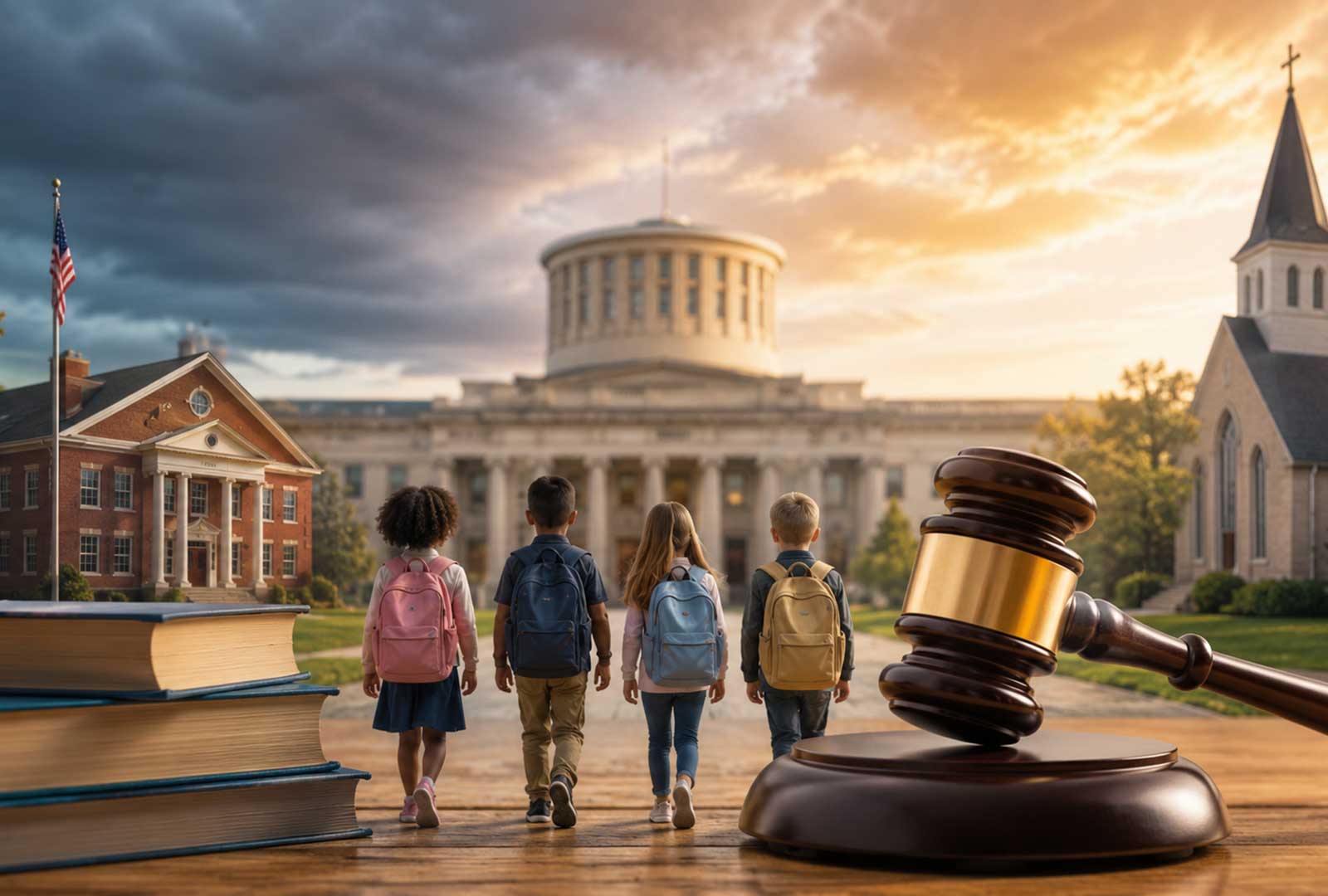 Students walking into school as Ohio’s EdChoice voucher program faces a major legal challenge over school choice and education funding.