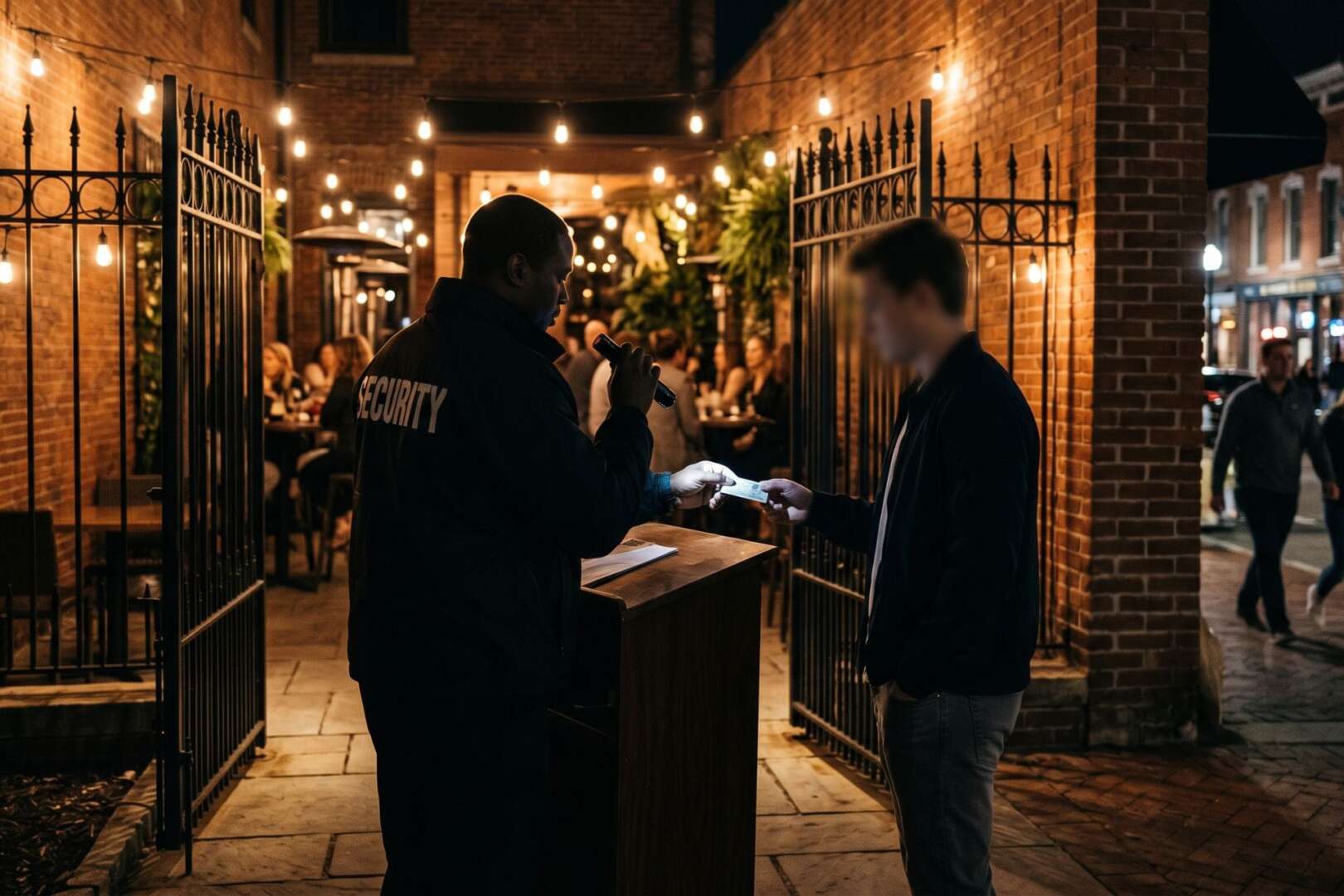 A security guard checking a patron's ID at the warmly lit entrance gate of Somerset bar in Over-the-Rhine.