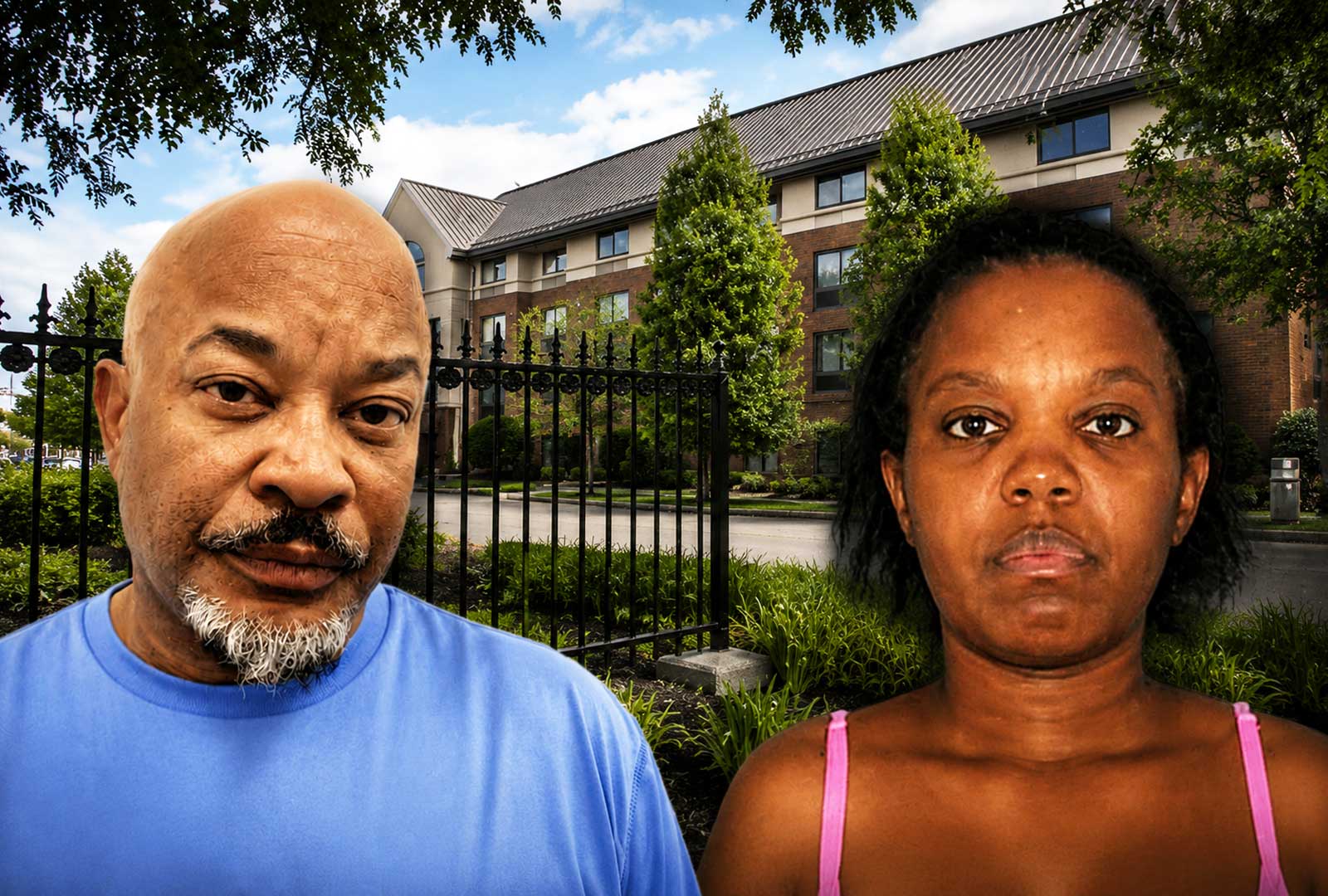 Composite image showing Dion Crockett and Bridgette Morris in front of The Evanston affordable housing complex in Cincinnati, illustrating a story about alleged rent theft and housing oversight failures.