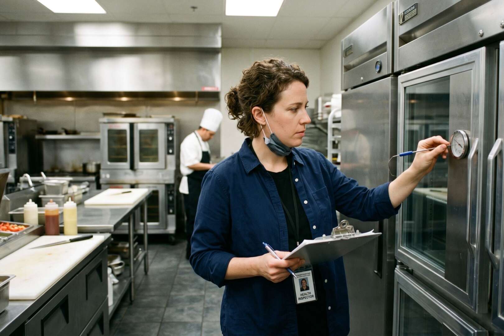 A female health inspector in a blue shirt holding a clipboard while checking a commercial refrigerator during a restaurant inspection.
