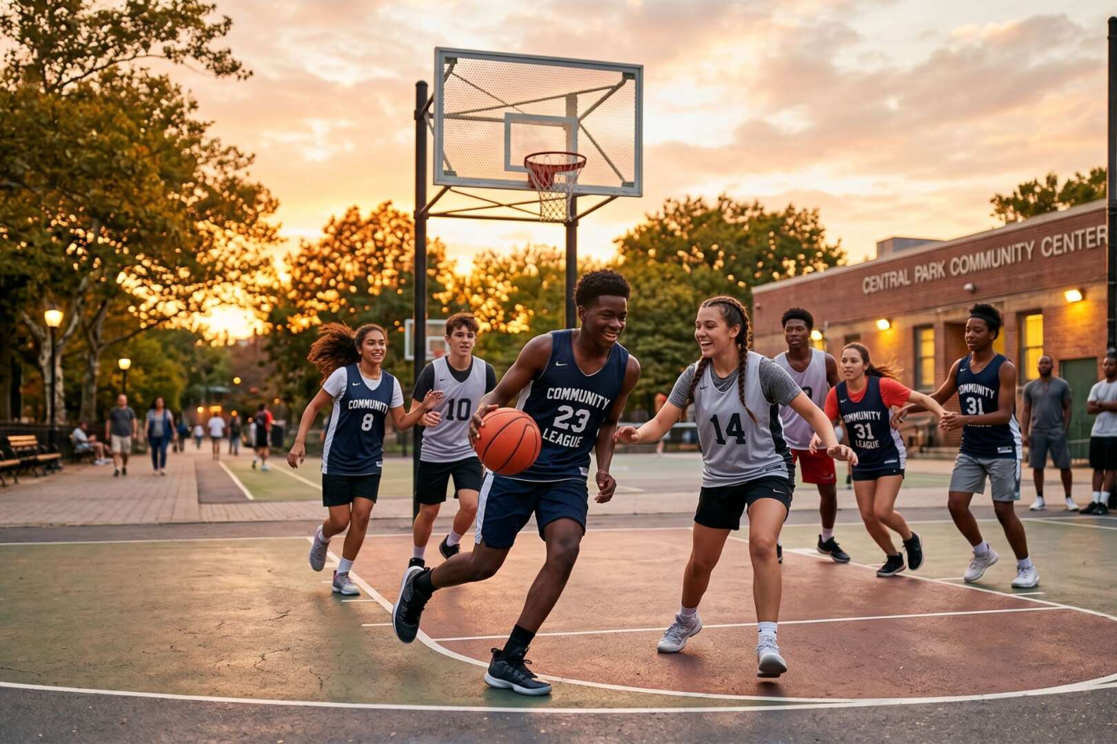 A vibrant, well-lit shot of teenagers playing basketball or engaging in a group activity at an outdoor community center or park during the early evening (golden hour or dusk).