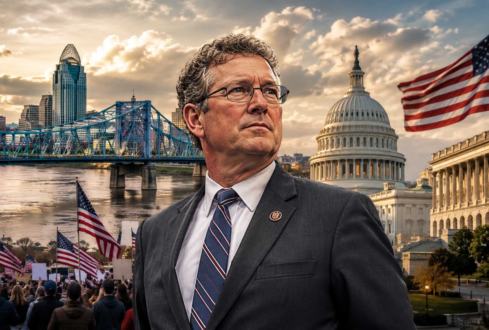 Thomas Massie standing in front of a montage featuring the U.S. Capitol, American flags, and the Cincinnati skyline during the Kentucky GOP primary fight.