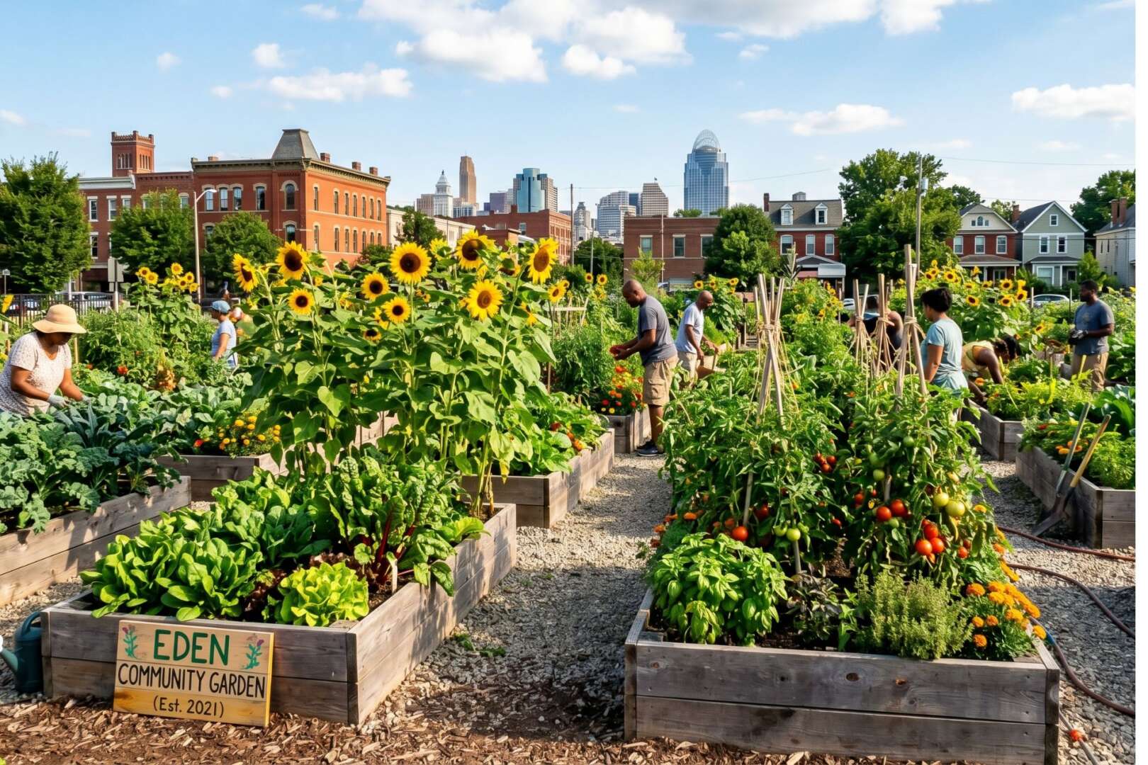 A thriving community garden with raised vegetable beds and sunflowers in the foreground, with the downtown Cincinnati skyline visible in the background.
