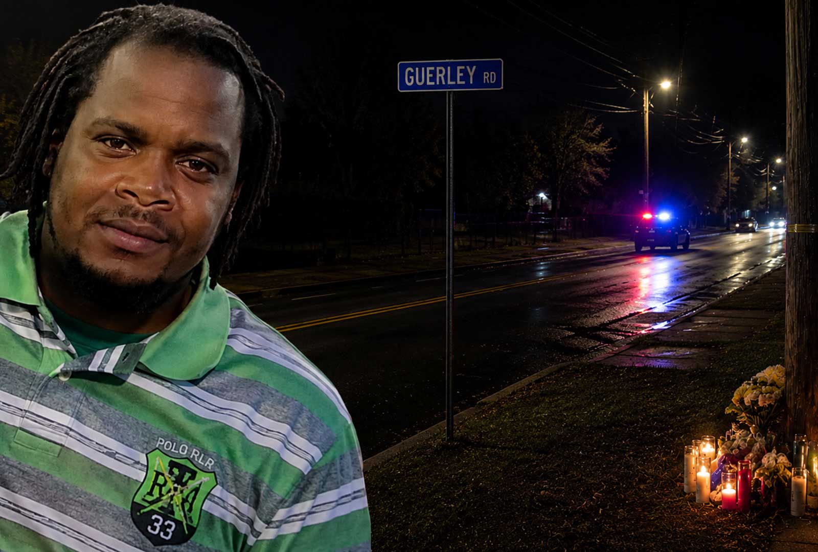 Percy Reliford memorial scene on Guerley Road in West Price Hill at night following the fatal hit-and-run investigation