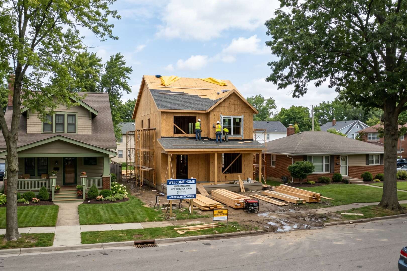 A new two-story home under construction with exposed wooden framing, situated between two established, finished houses in a residential neighborhood, representing local affordable housing development.