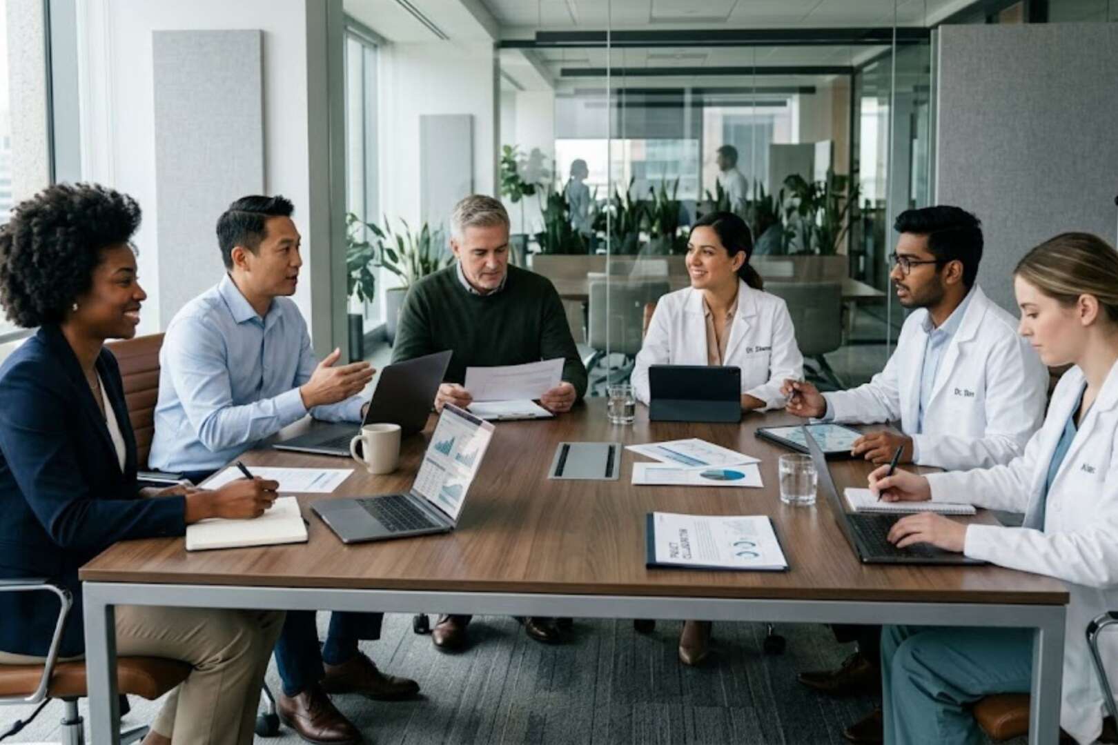 A diverse group of professionals discussing AI job opportunities in a modern Cincinnati conference room.