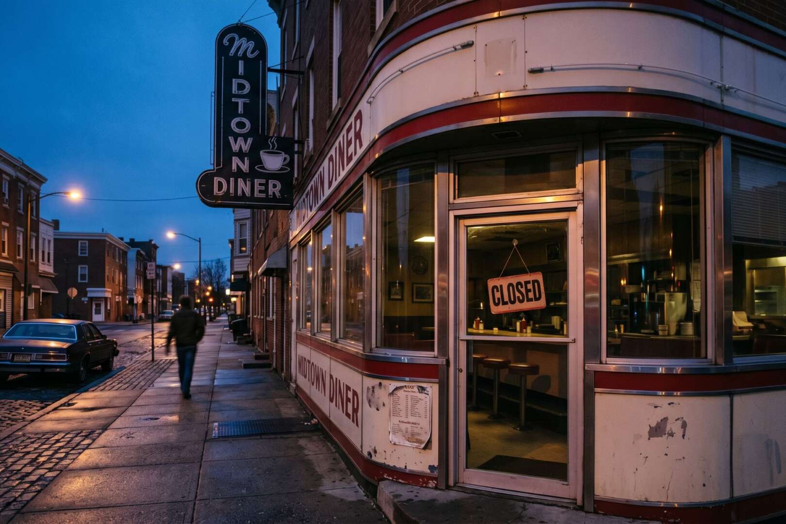 A dimly lit diner with a "Closed" sign in the window on a city street at dusk, illustrating Cincinnati business closings in 2026.