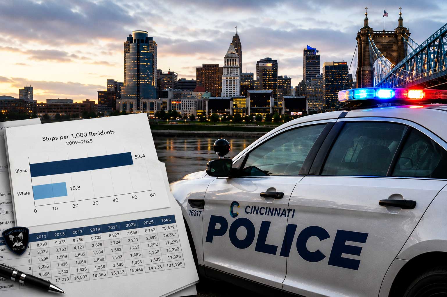 Campaign Zero Cincinnati report feature image showing a Cincinnati Police cruiser, downtown Cincinnati skyline, and police stop data charts used in the debate over racial disparities in police stops.