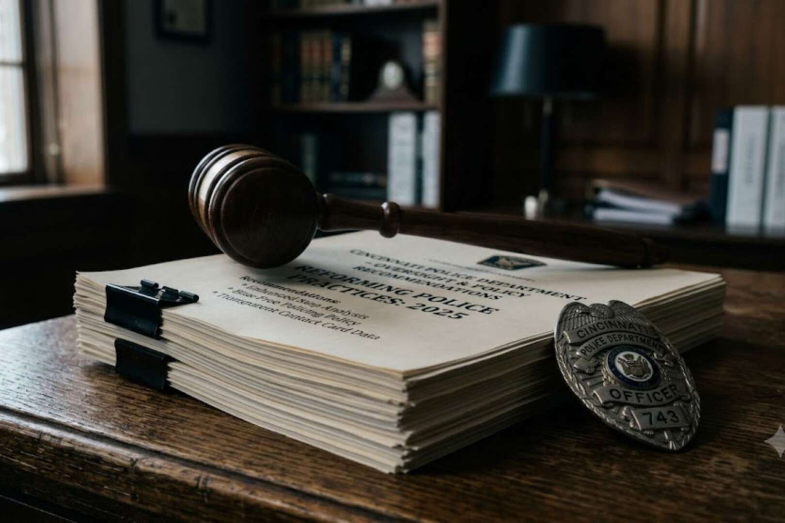 A wooden gavel resting on a stack of documents next to a police badge on a desk, symbolizing law, justice, and police accountability.