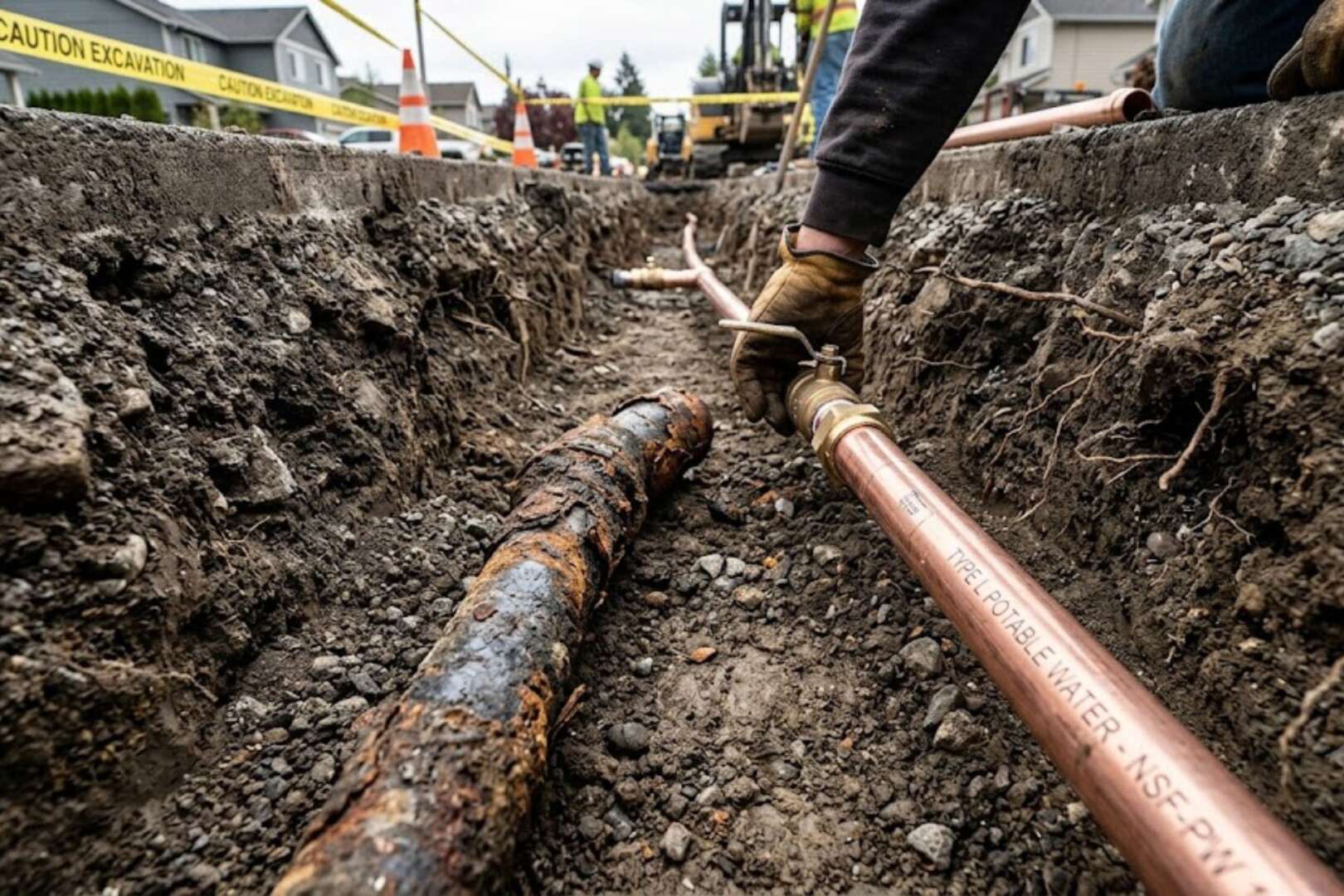 A construction worker in a trench replaces an old, corroded lead water pipe with a new copper line.