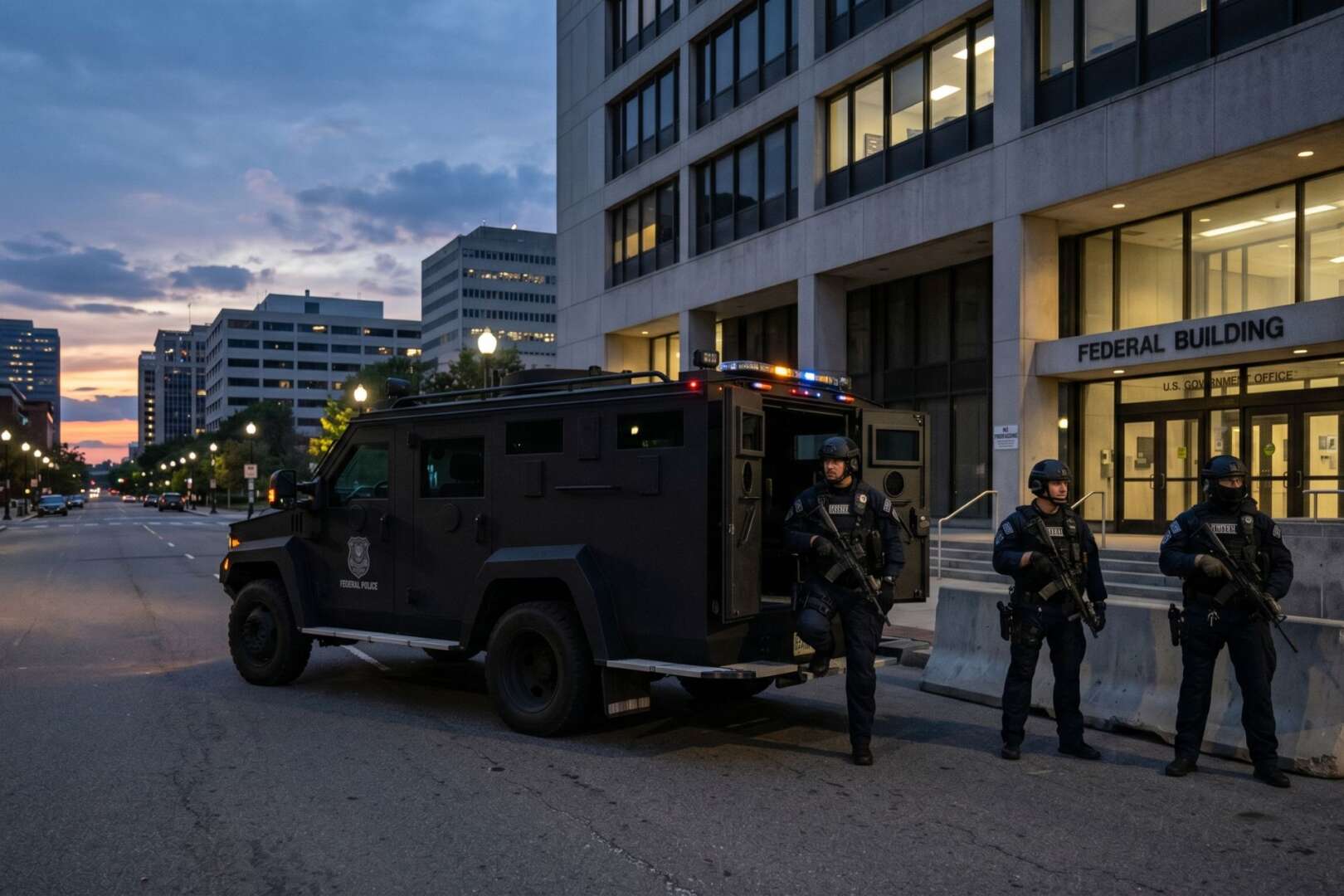 Heavily armed tactical officers standing next to an armored police vehicle parked on a city street at dusk.
