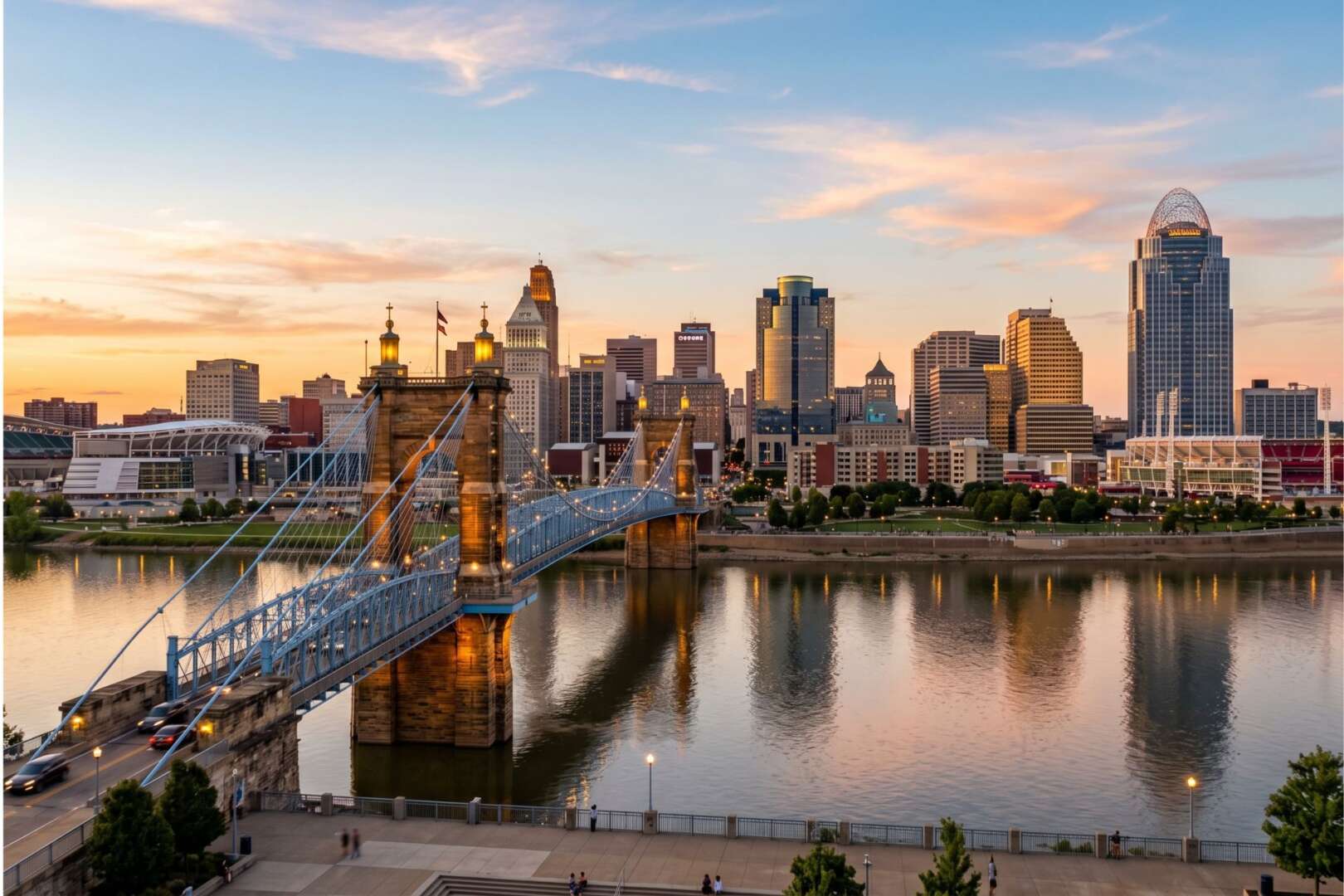 Cincinnati skyline and the John A. Roebling Suspension Bridge over the Ohio River, representing city growth and development.