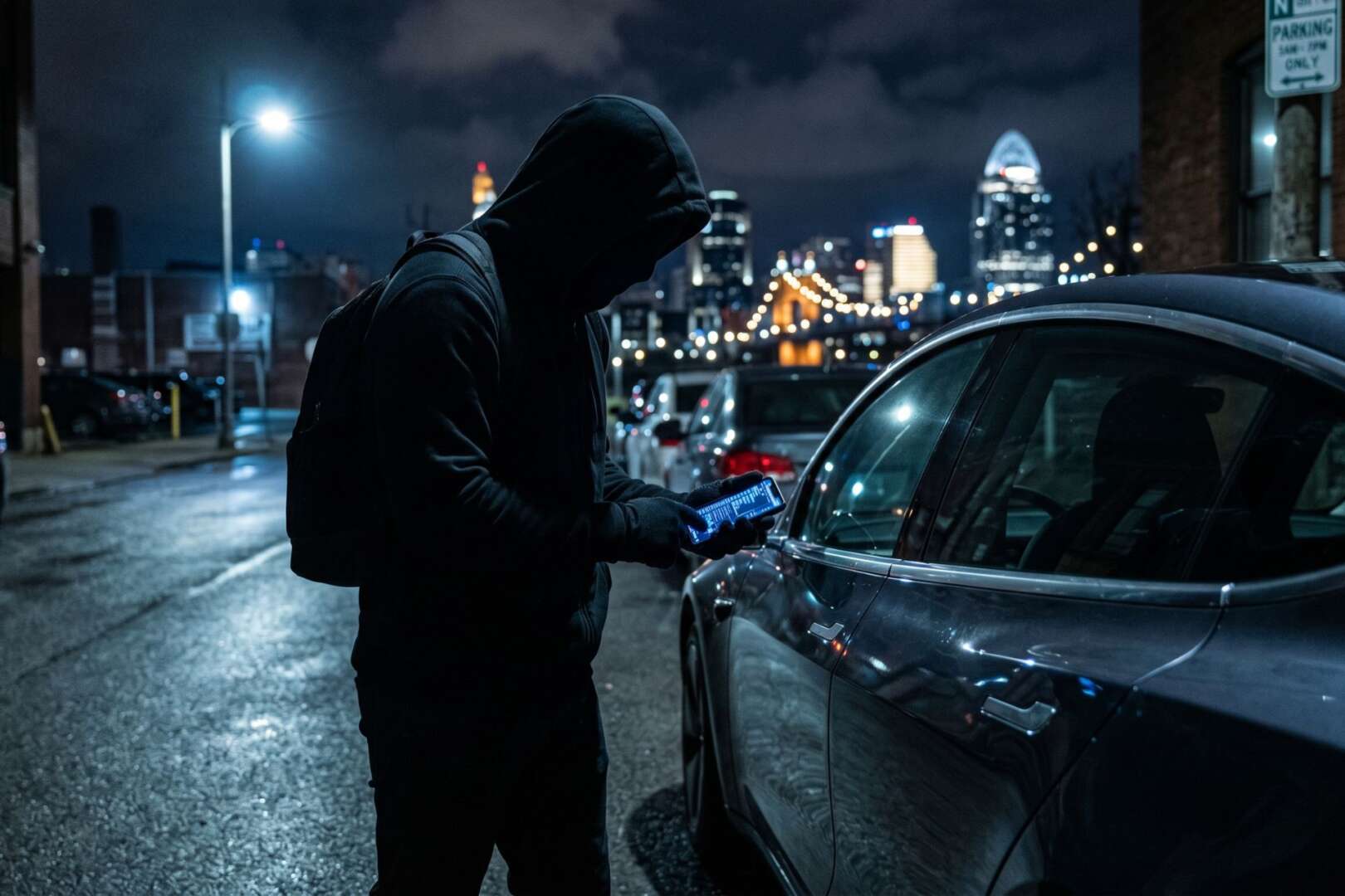 Hooded figure standing next to a parked car at night with the Cincinnati skyline in the background, representing local auto theft.