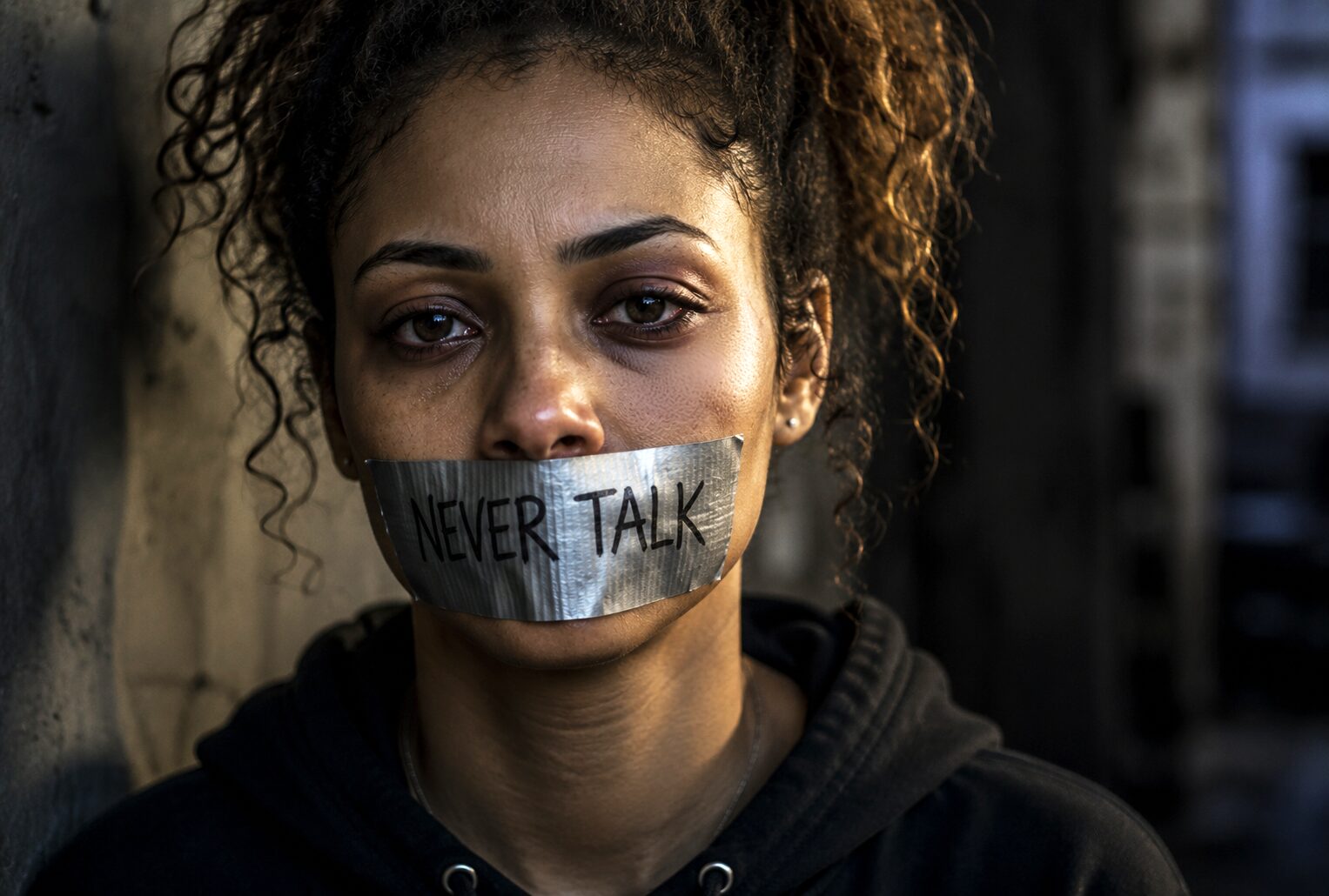 Crime reporting concerns illustrated by a woman with duct tape covering her mouth, symbolizing silence, fear, and reluctance to report crime.