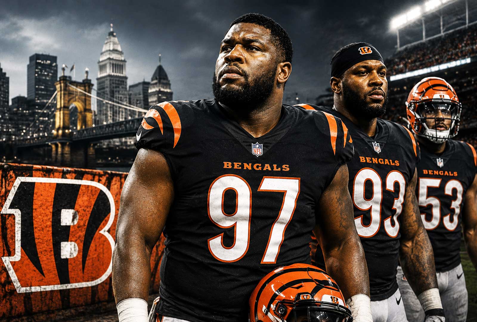 Bengals Super Bowl contenders debate illustrated by Cincinnati defensive players standing in front of the Cincinnati skyline, Roebling Bridge, and Paycor Stadium under dramatic skies.