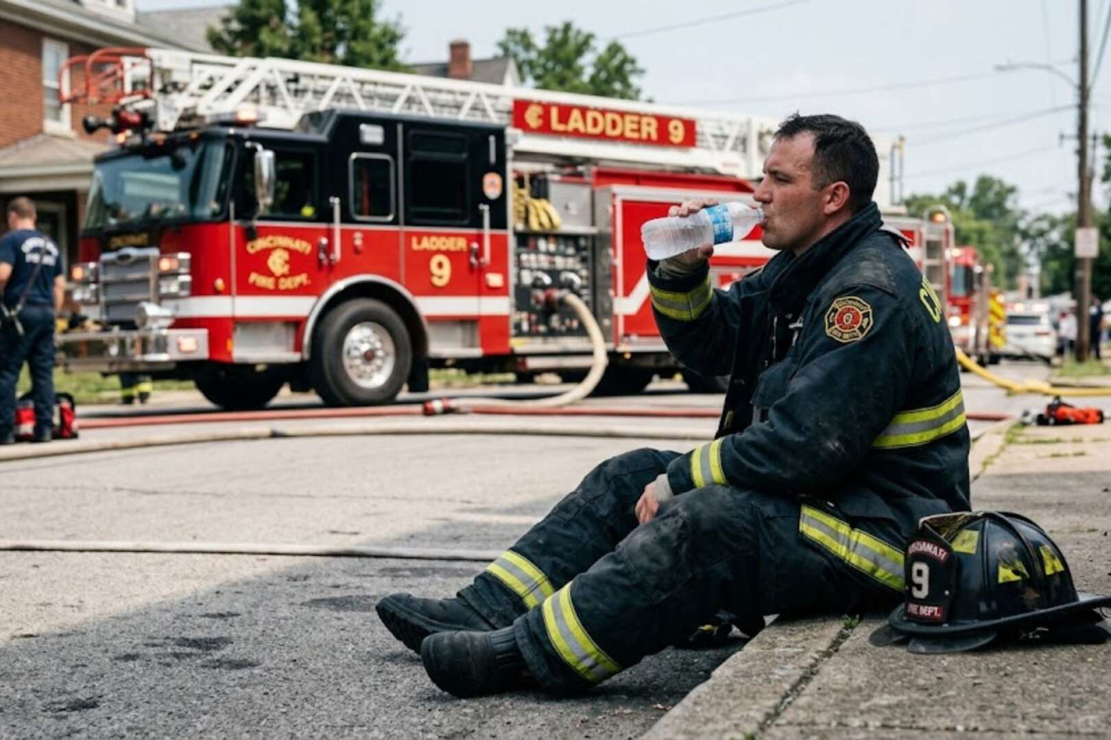A Cincinnati firefighter wearing full turnout gear sits on a curb, taking a break and drinking water from a bottle, with a red fire engine parked in the background on a city street.