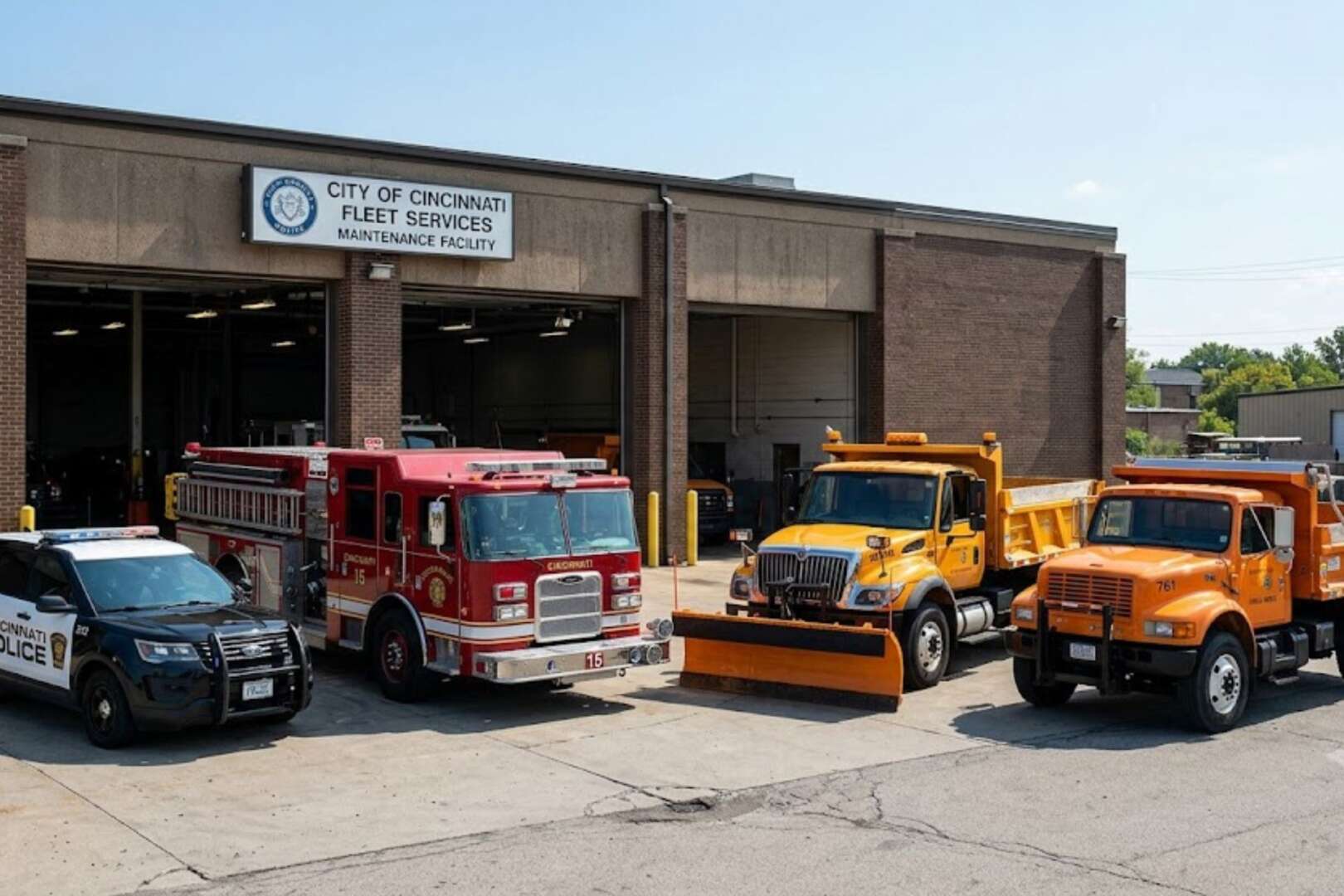 A lineup of Cincinnati municipal vehicles, including a police cruiser, a fire engine, and two yellow snow plows, parked in front of the Fleet Services garage bays.