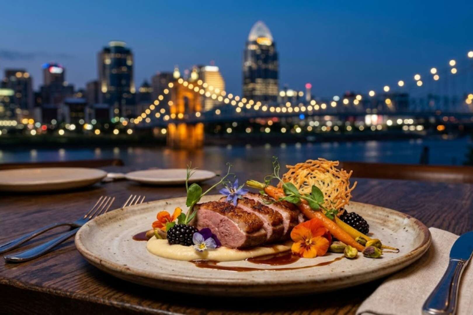 A gourmet plated dish on an outdoor dining table with the Cincinnati skyline and John A. Roebling Suspension Bridge illuminated in the background at twilight.