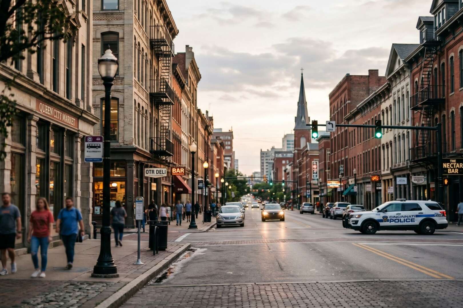 A Cincinnati police cruiser parked on a city street lined with historic brick buildings and pedestrians.