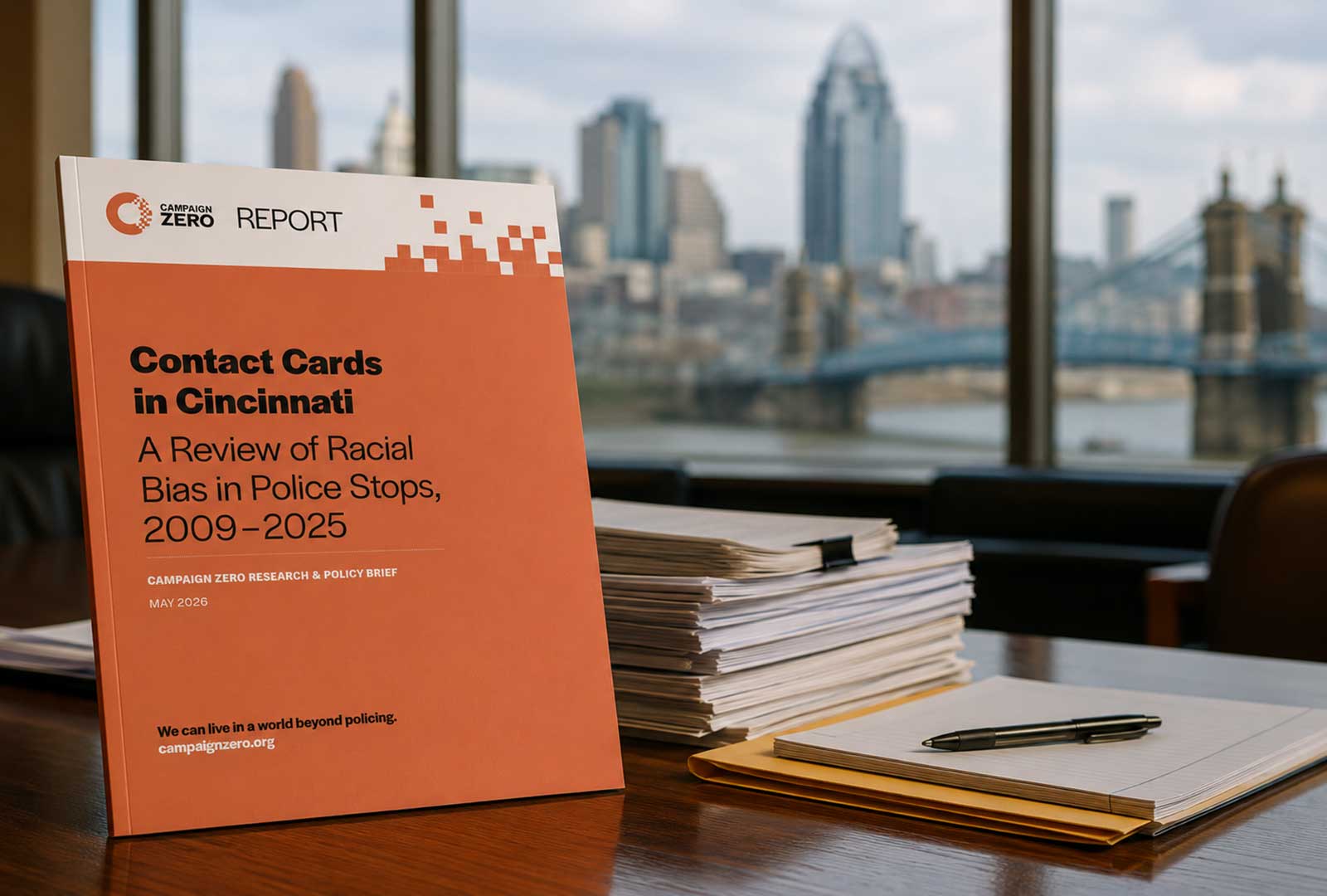 Cincinnati police stops report from Campaign Zero displayed on a conference table overlooking downtown Cincinnati and the Roebling Bridge, with research documents and notes nearby.