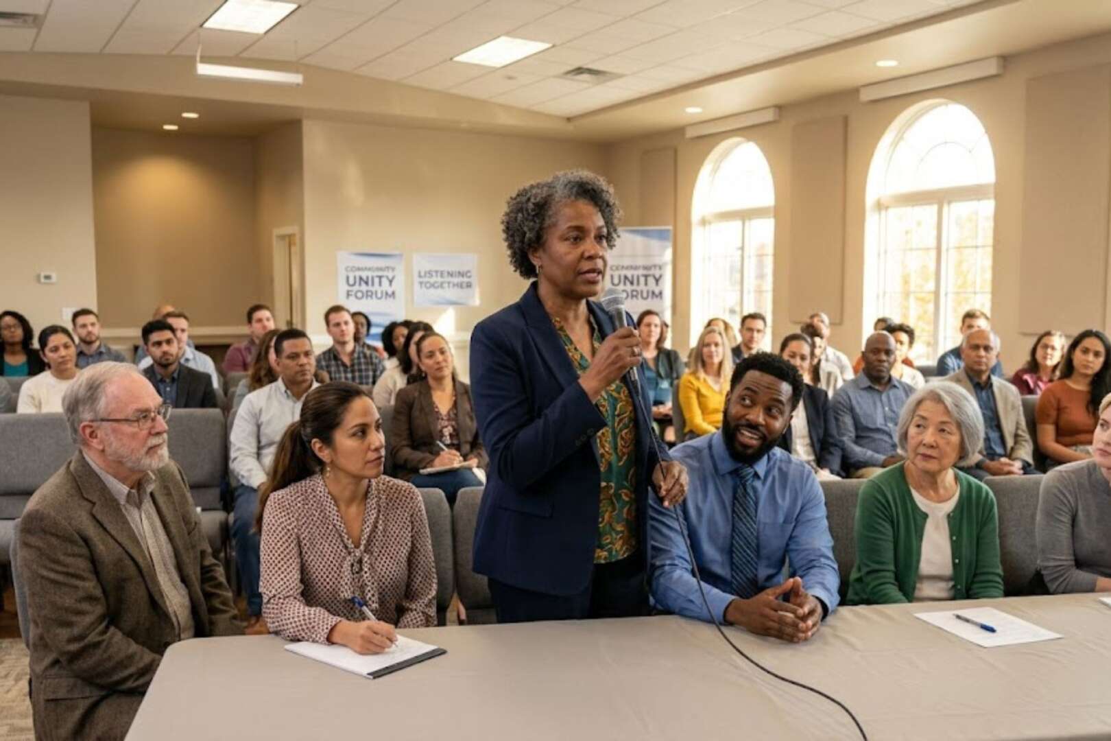 A woman stands and speaks into a microphone during a public forum on policing disparity in Cincinnati, while seated community members listen in the background.