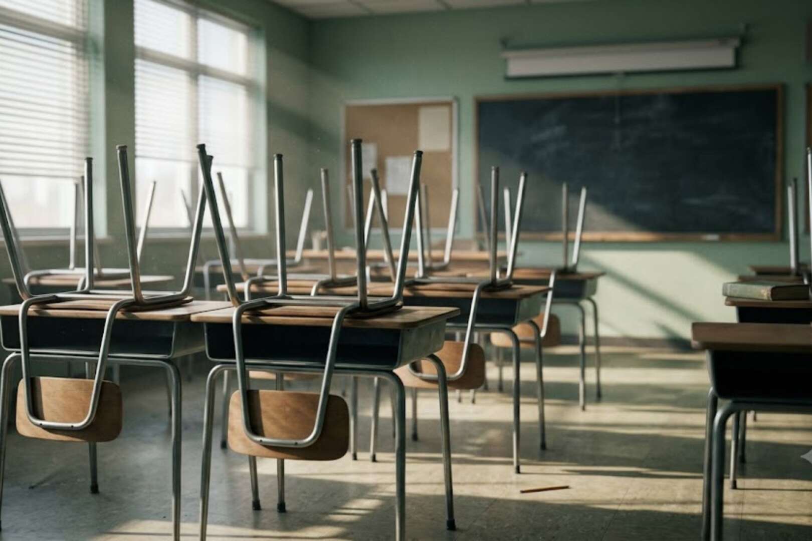 An empty classroom with chairs stacked upside down on top of desks, illuminated by natural light from the windows.