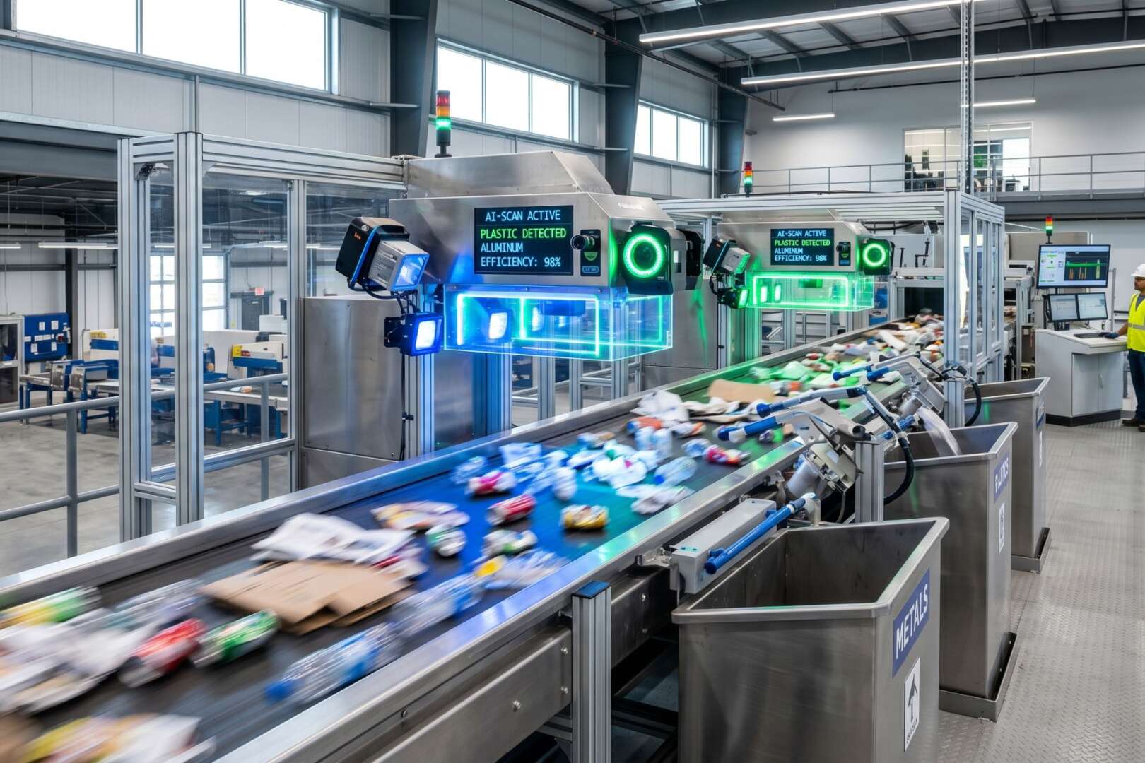 Conveyor belt sorting mixed materials under a blue optical scanner inside a modern Cincinnati recycling center