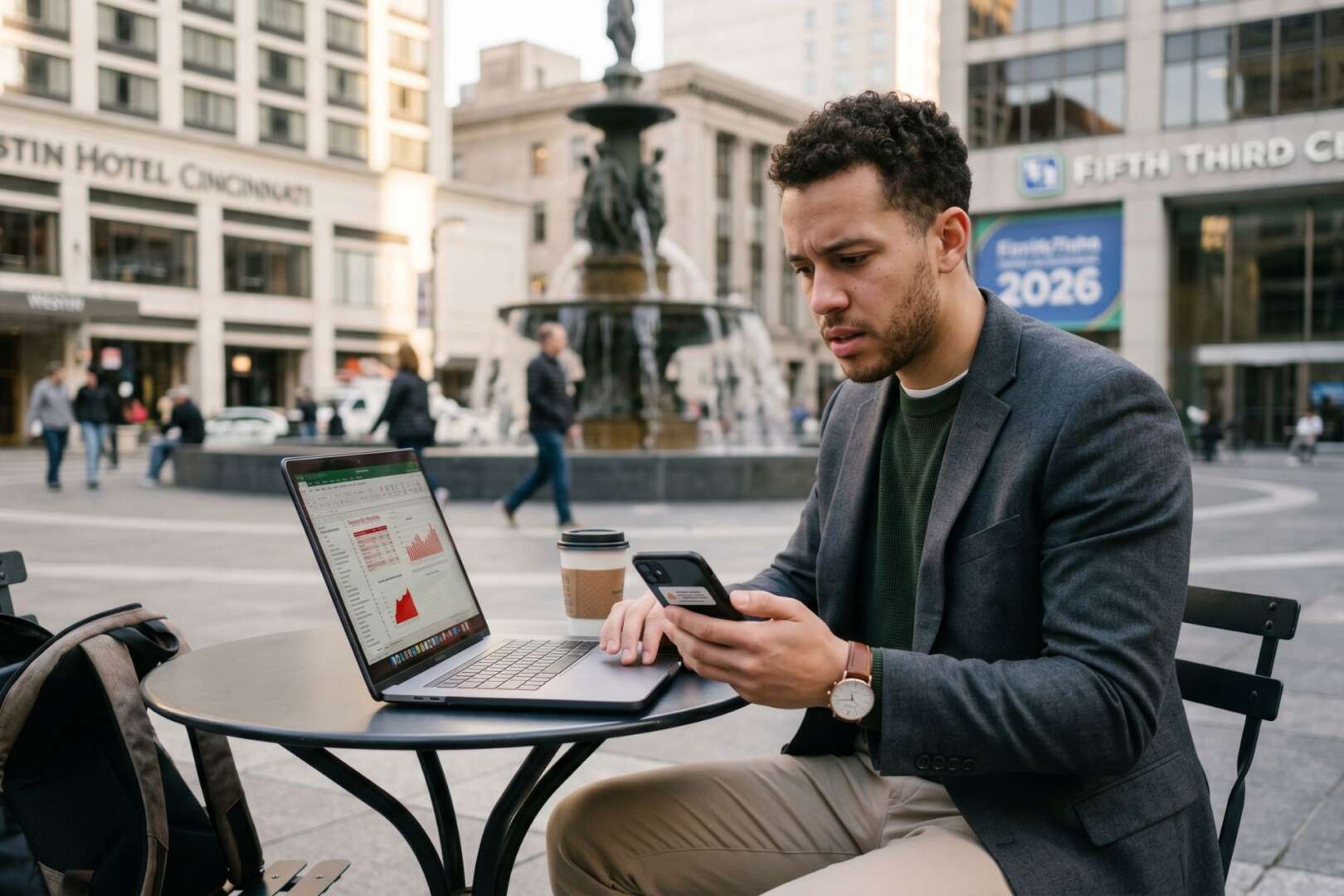 Young professional man looking at his phone while working on a laptop outdoors in downtown Cincinnati, highlighting the financial strain of student loan debt.