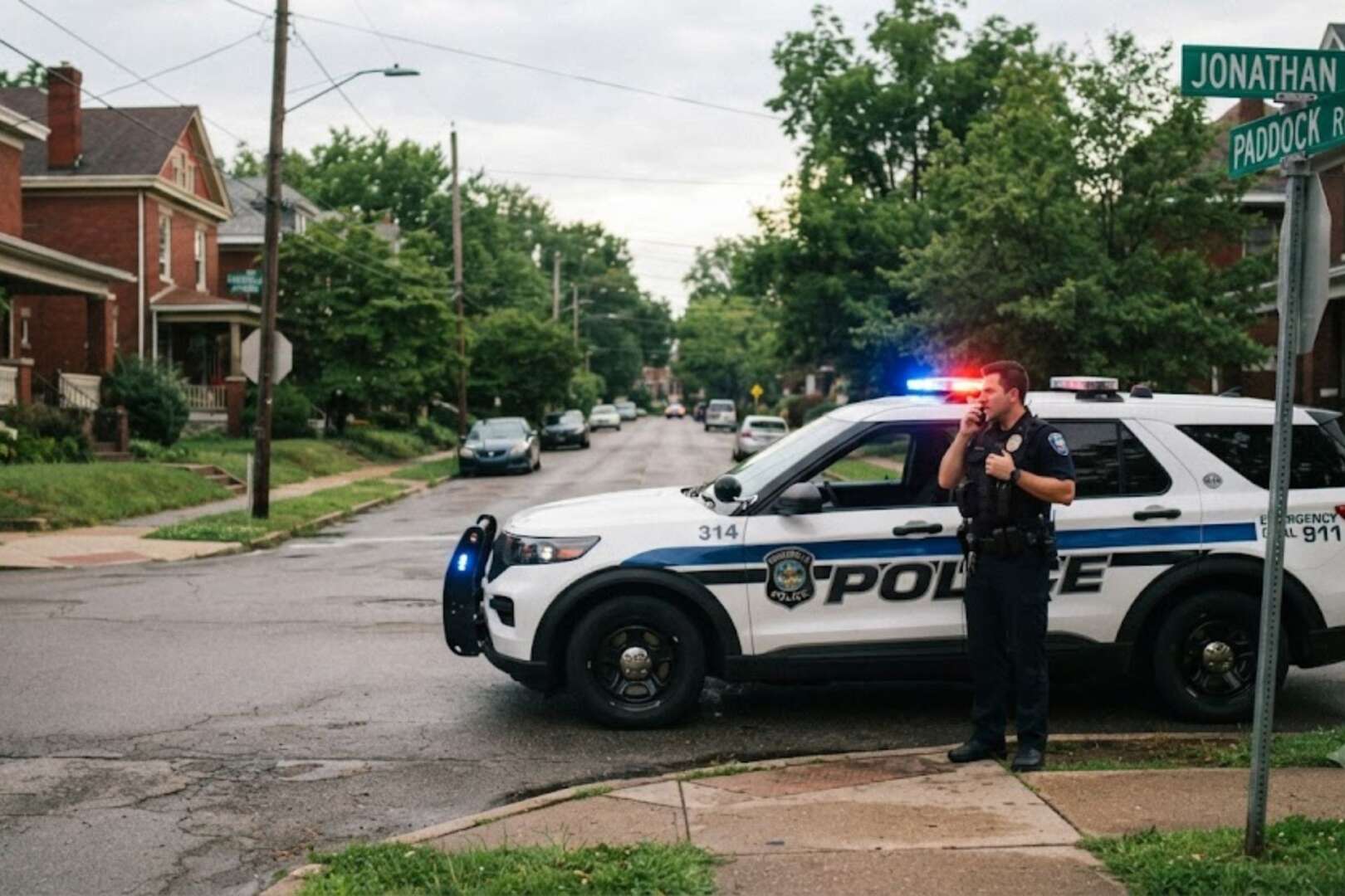 A Cincinnati police cruiser with its lights activated parked on a residential street in front of a house, with an officer standing near the driver's side door.
