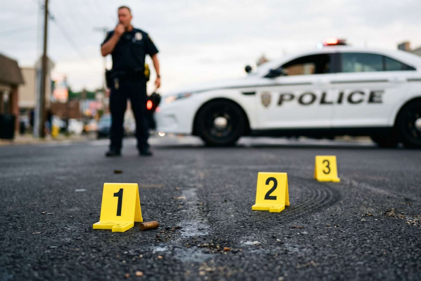 Yellow evidence markers numbered 1, 2, and 3 on an asphalt surface, with a police officer and patrol vehicle in the background.