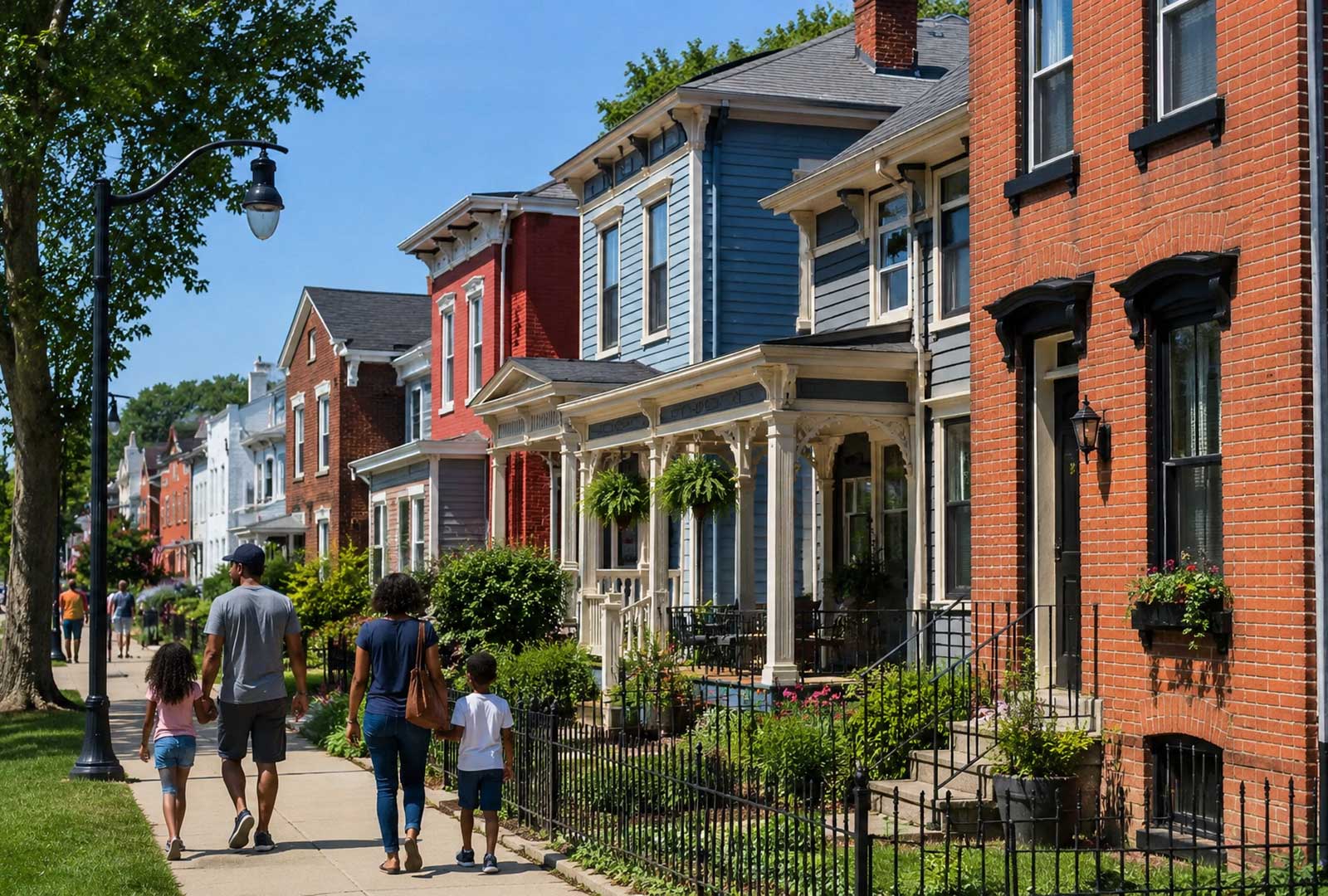 Covington homeownership opportunities in the Westside neighborhood featuring historic homes and families walking along a residential street