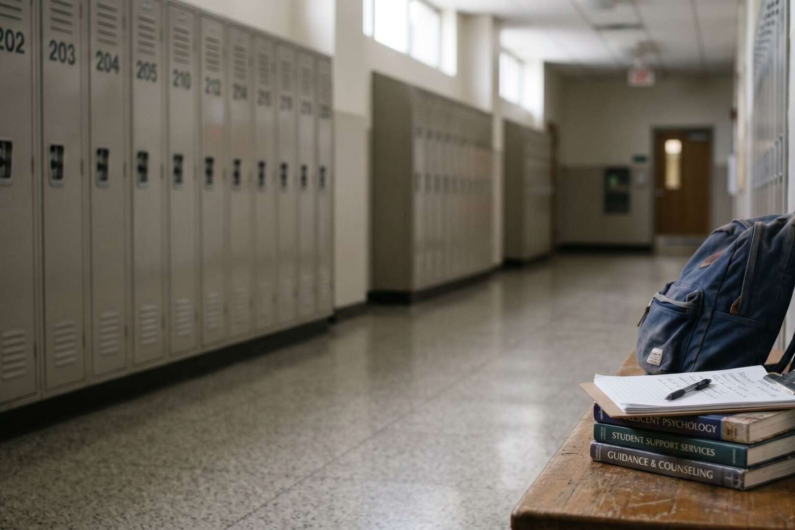 An empty school hallway with lockers and a stack of textbooks on a desk in the foreground.