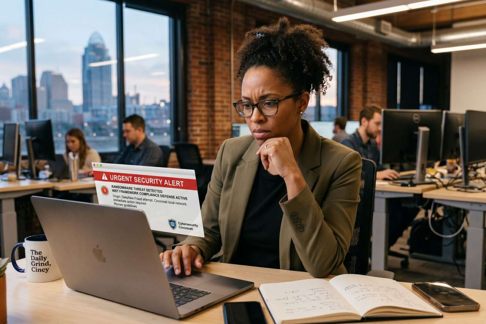 A businesswoman wearing glasses focused on her laptop in an office setting, representing cybersecurity solutions for Cincinnati small businesses.