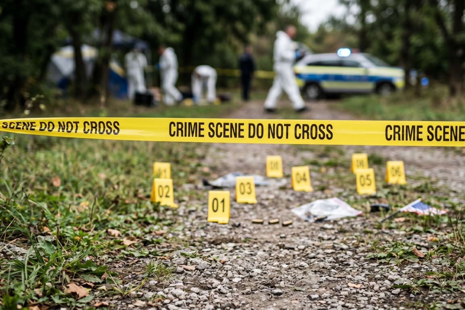 Yellow crime scene tape and numbered evidence markers on the ground in a grassy area with investigators in the background.