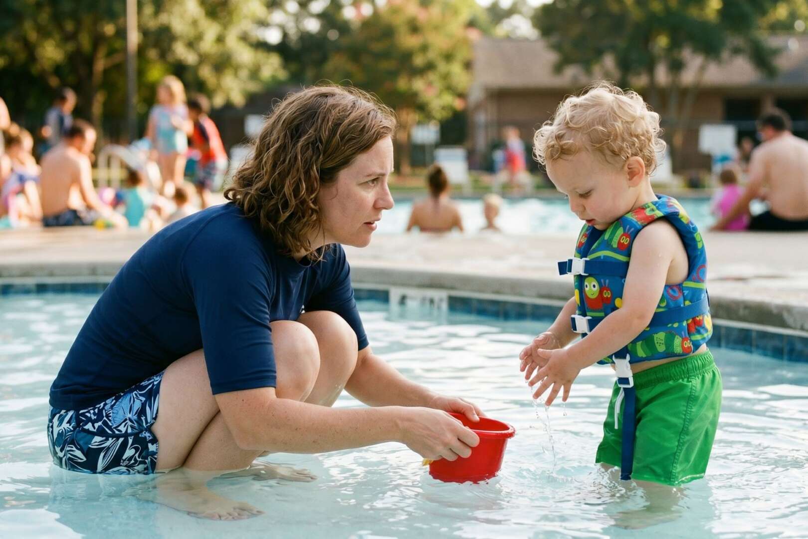 A parent practicing active drowning prevention by closely supervising a toddler in a shallow Cincinnati public pool.