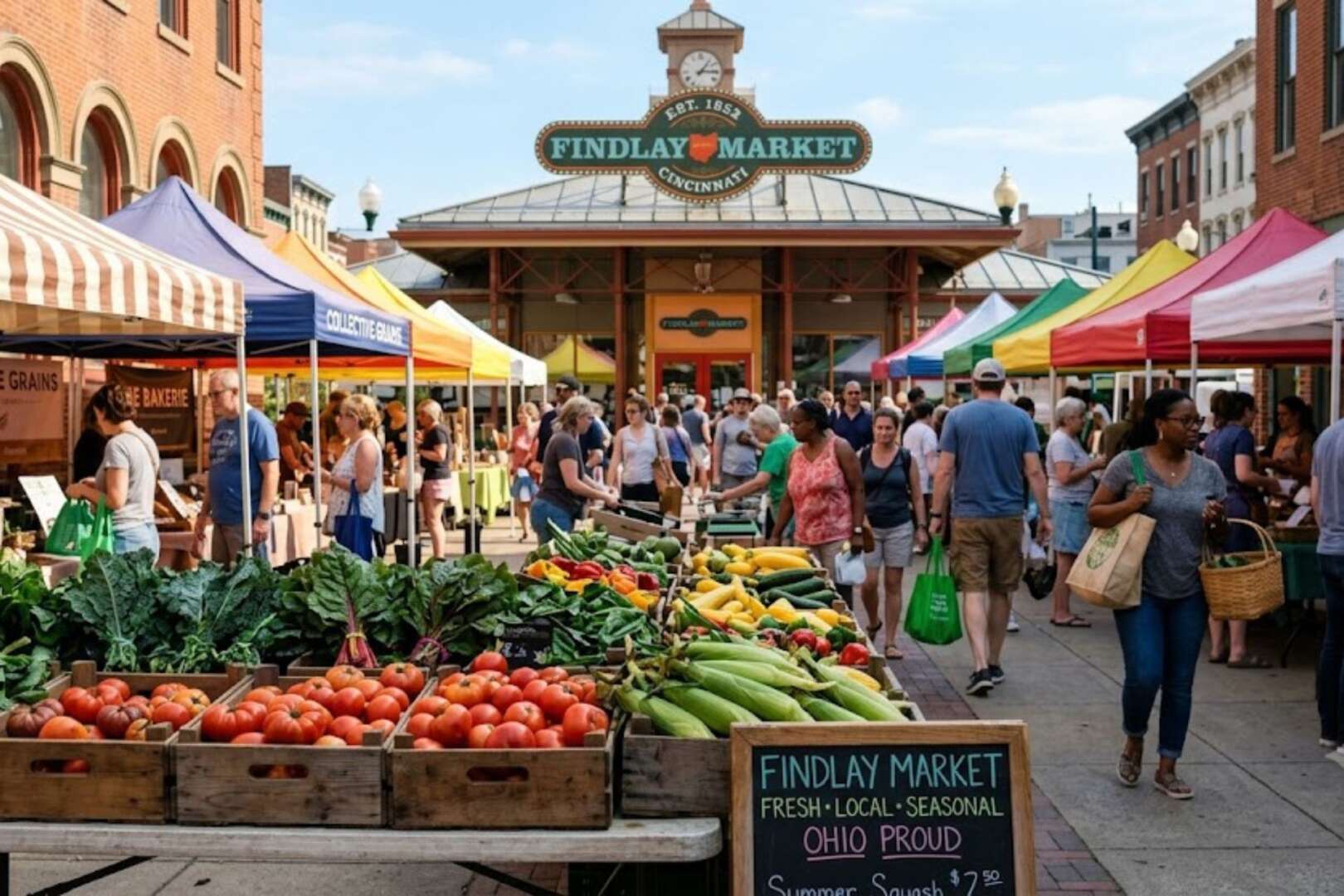 A bustling outdoor farmers market in Cincinnati with crowds of people shopping for fresh produce at vendor stalls.