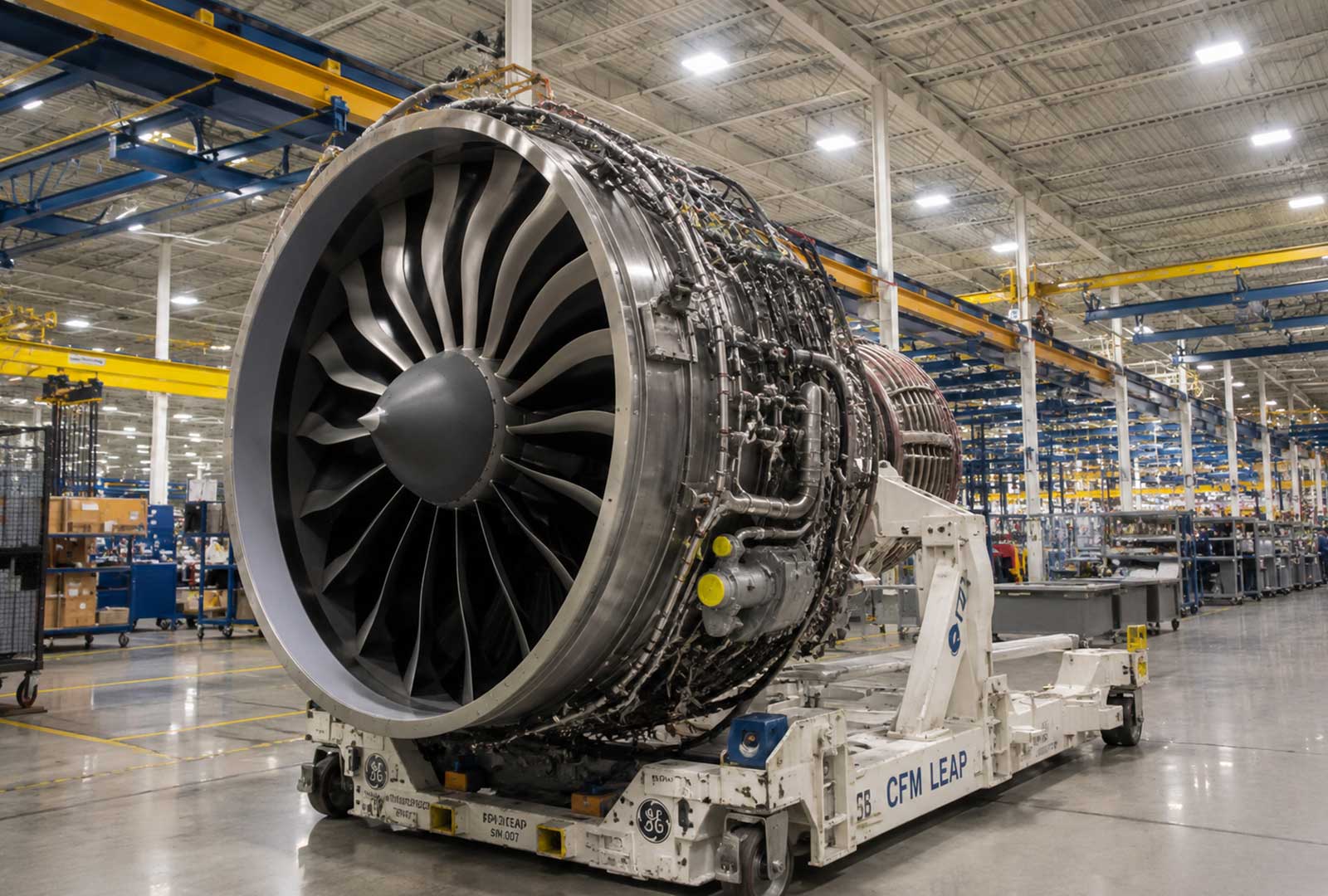 GE Aerospace jet engine inside a modern manufacturing facility, illustrating the company's continued investment in advanced aerospace manufacturing in Greater Cincinnati.
