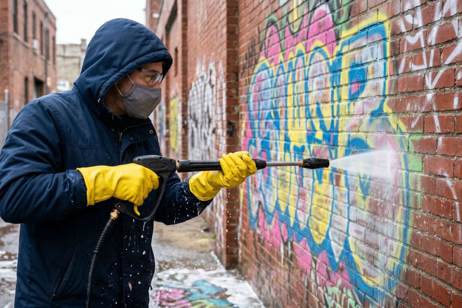 A person in a blue hooded jacket, face mask, and yellow gloves uses a high-pressure power washer to remove multi-colored graffiti tags from a brick wall in an urban alleyway.