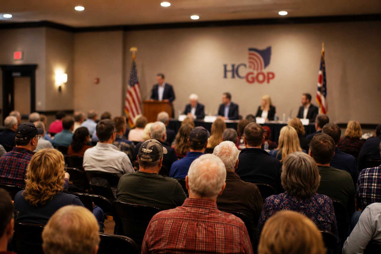 Hamilton County Republicans gather for a party meeting and chairman election in Cincinnati as members discuss the future of the HCGOP.