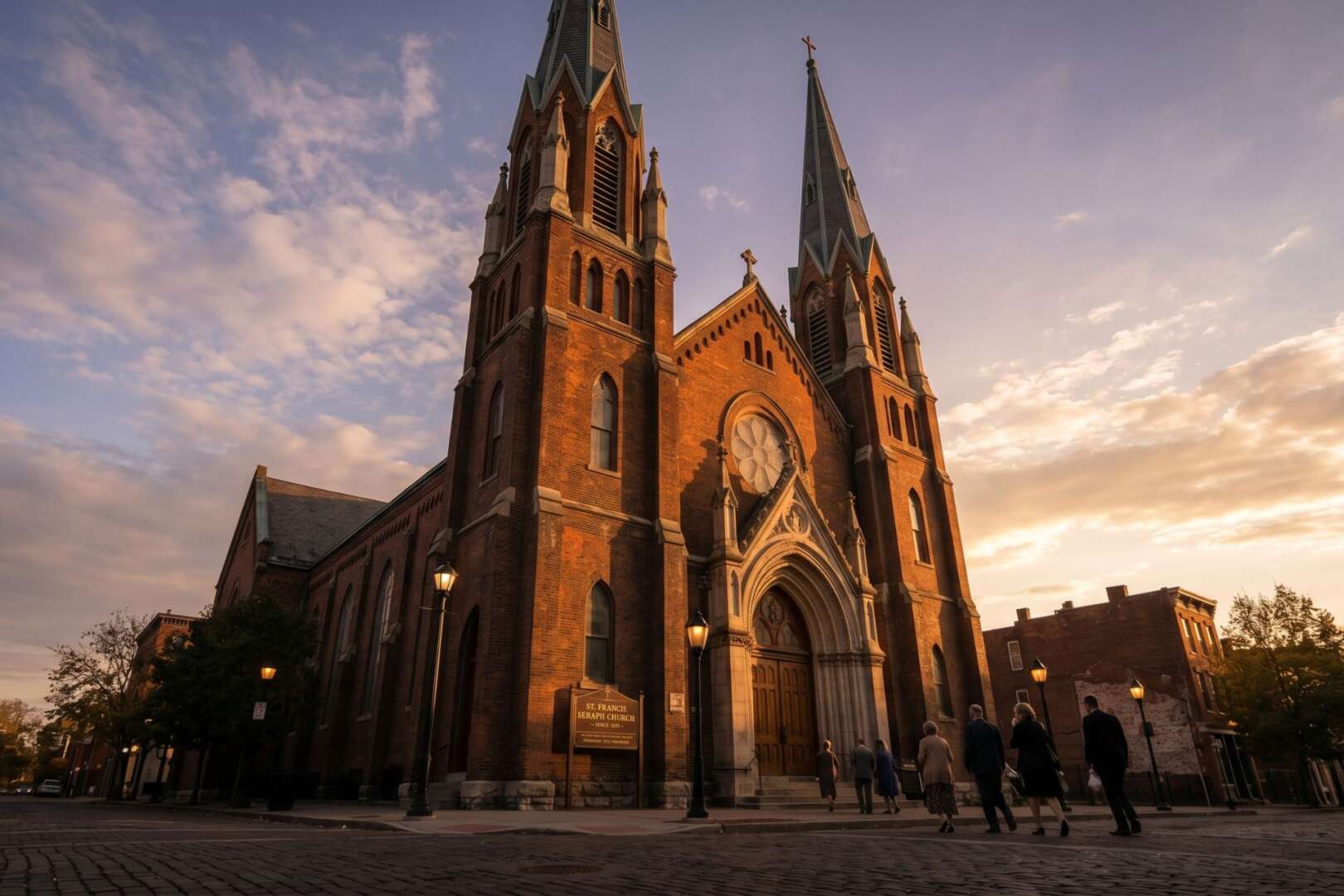Exterior view of the historic St. Francis Seraph brick church with twin spires in Cincinnati, silhouetted against a dusk sky.